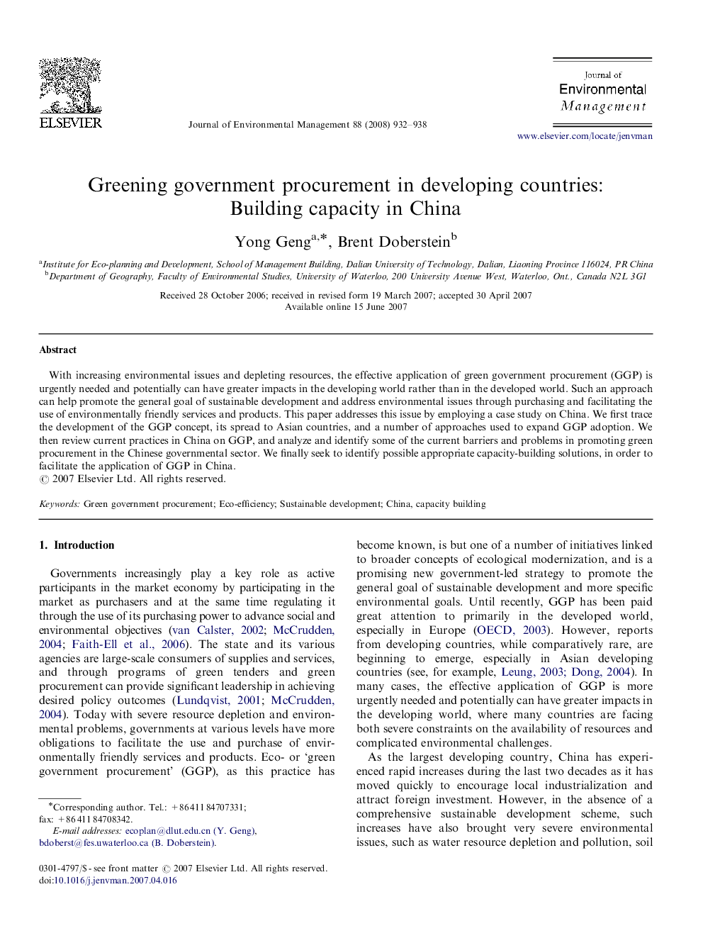 Greening government procurement in developing countries: Building capacity in China