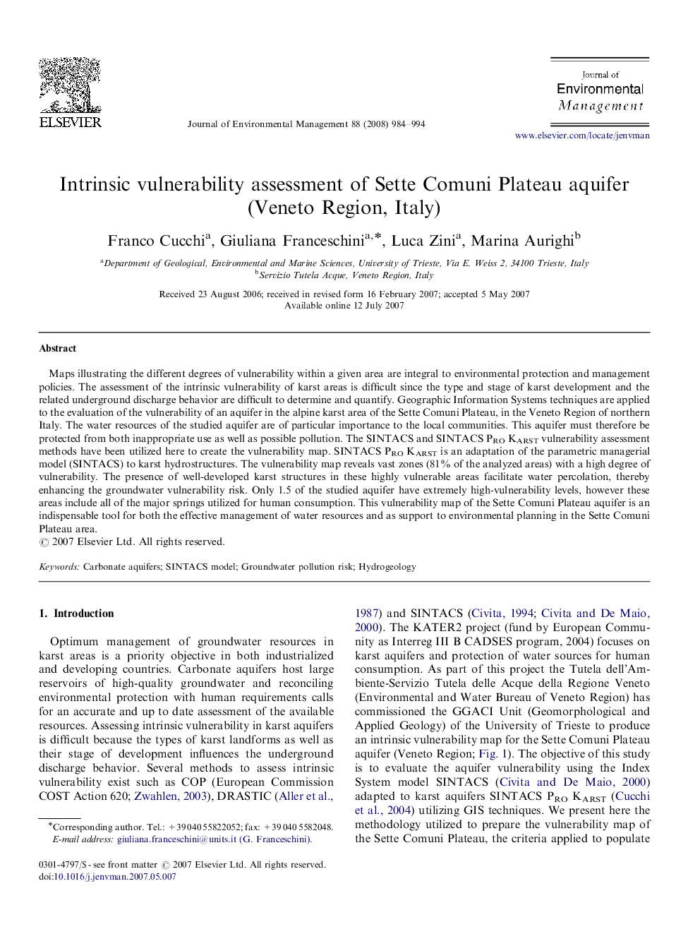 Intrinsic vulnerability assessment of Sette Comuni Plateau aquifer (Veneto Region, Italy)