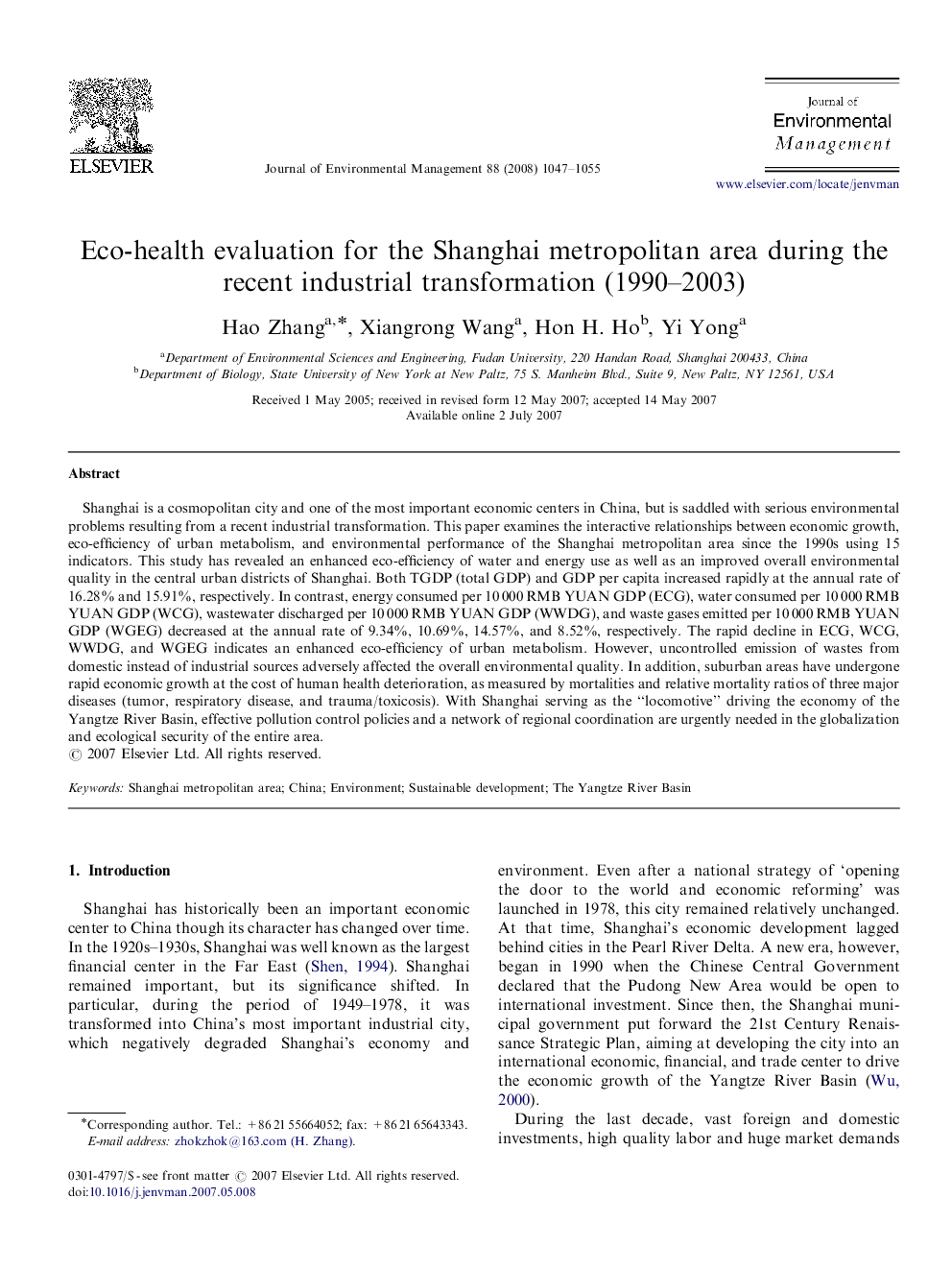 Eco-health evaluation for the Shanghai metropolitan area during the recent industrial transformation (1990–2003)