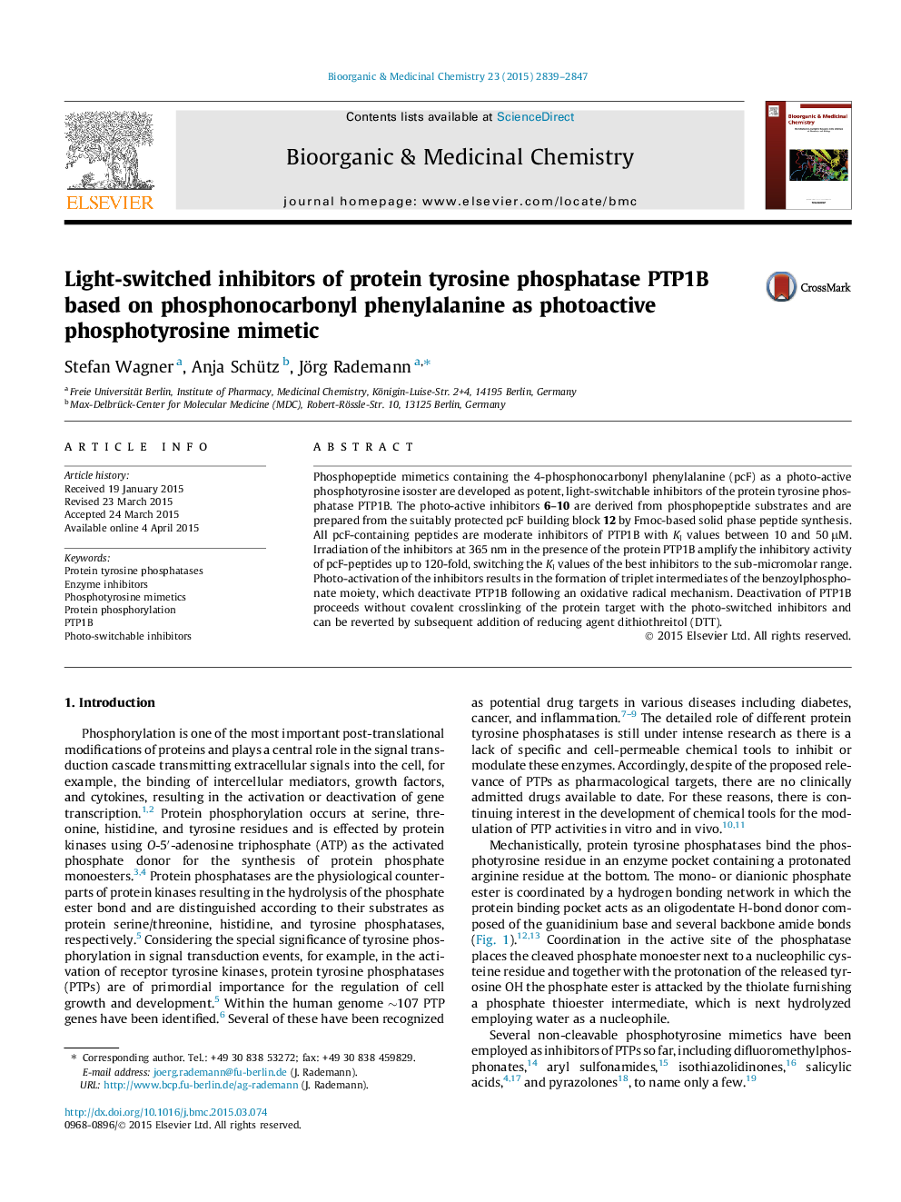 Light-switched inhibitors of protein tyrosine phosphatase PTP1B based on phosphonocarbonyl phenylalanine as photoactive phosphotyrosine mimetic