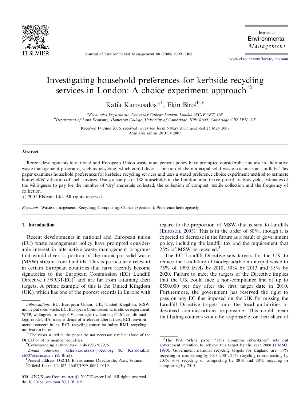 Investigating household preferences for kerbside recycling services in London: A choice experiment approach 