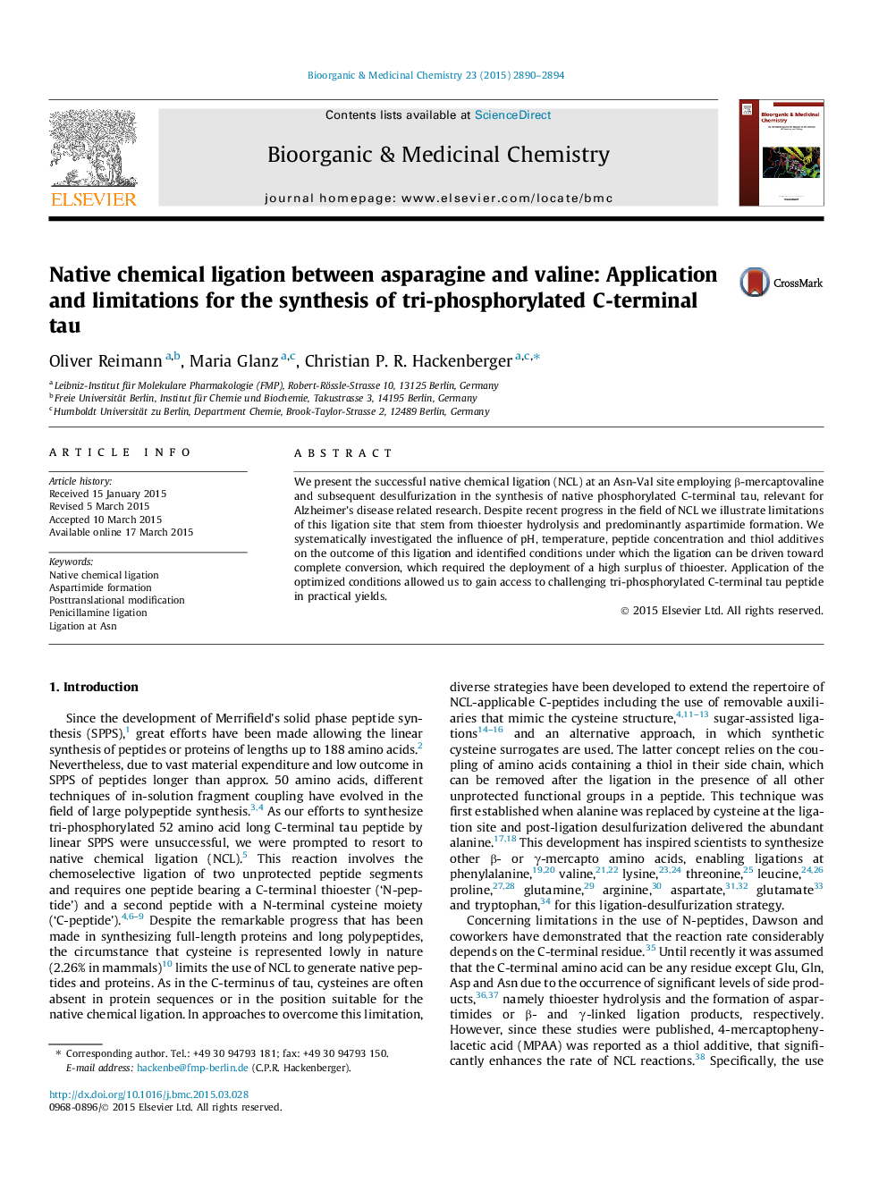 Native chemical ligation between asparagine and valine: Application and limitations for the synthesis of tri-phosphorylated C-terminal tau