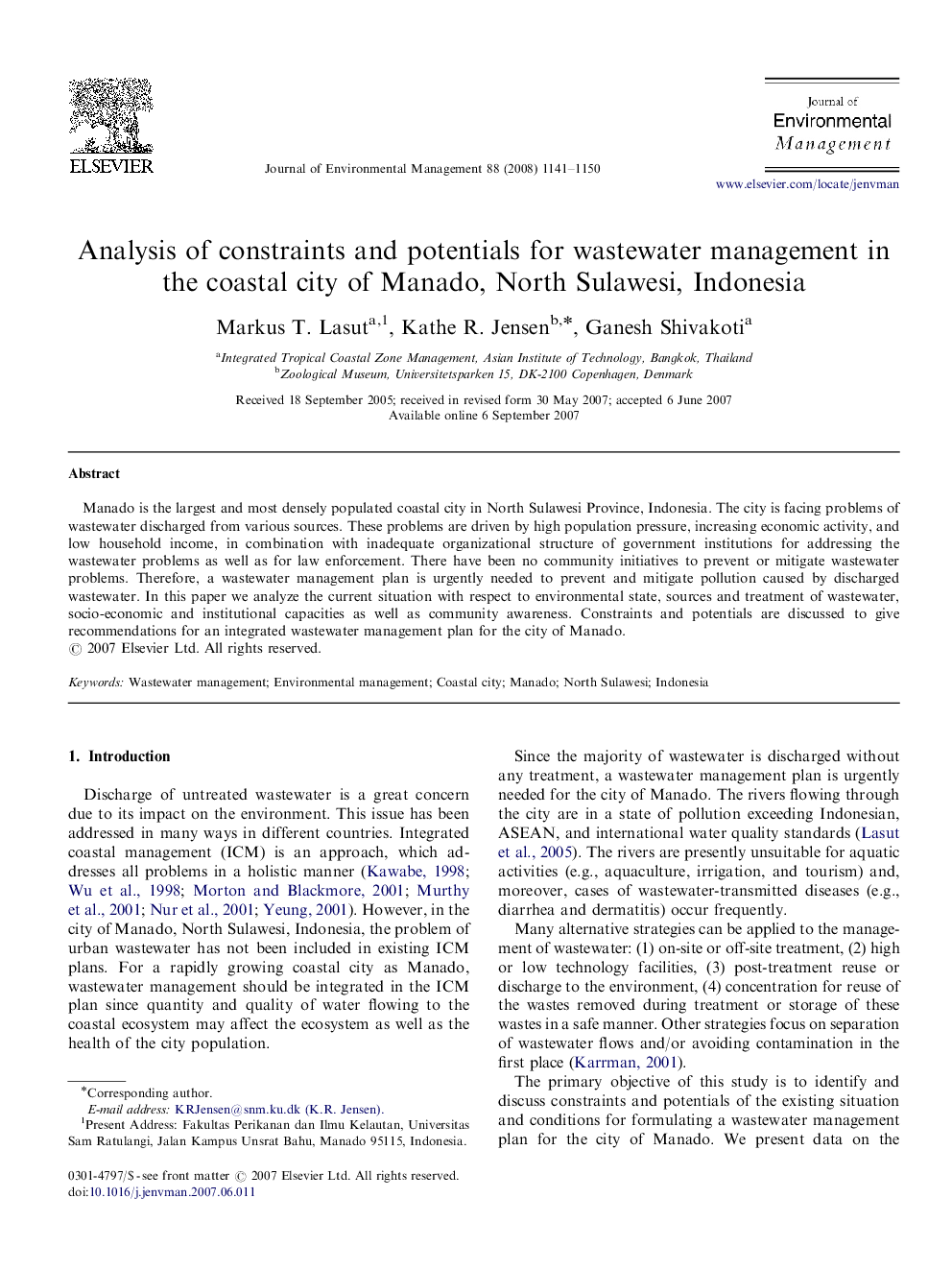 عکس صفحه اول مقاله: Analysis of constraints and potentials for wastewater management in the coastal city of Manado, North Sulawesi, Indonesia Analysis of constraints and potentials for wastewater management in the coastal city of Manado, North Sulawesi, Indonesia