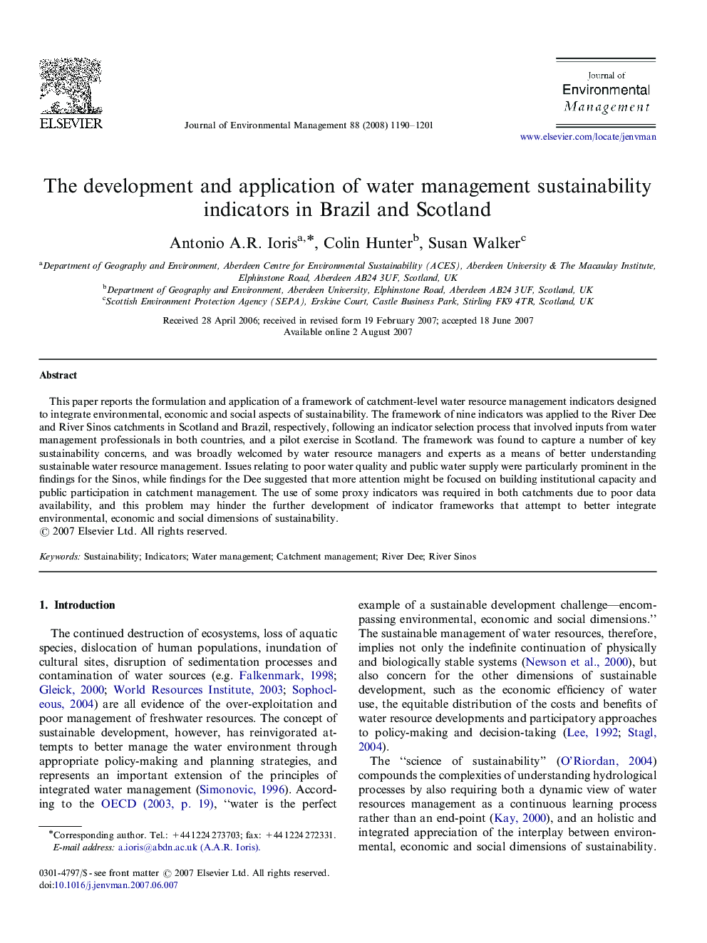 The development and application of water management sustainability indicators in Brazil and Scotland