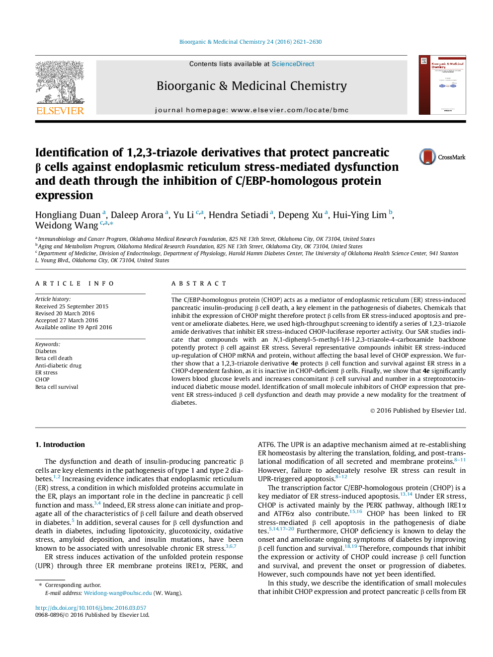 Identification of 1,2,3-triazole derivatives that protect pancreatic Î² cells against endoplasmic reticulum stress-mediated dysfunction and death through the inhibition of C/EBP-homologous protein expression