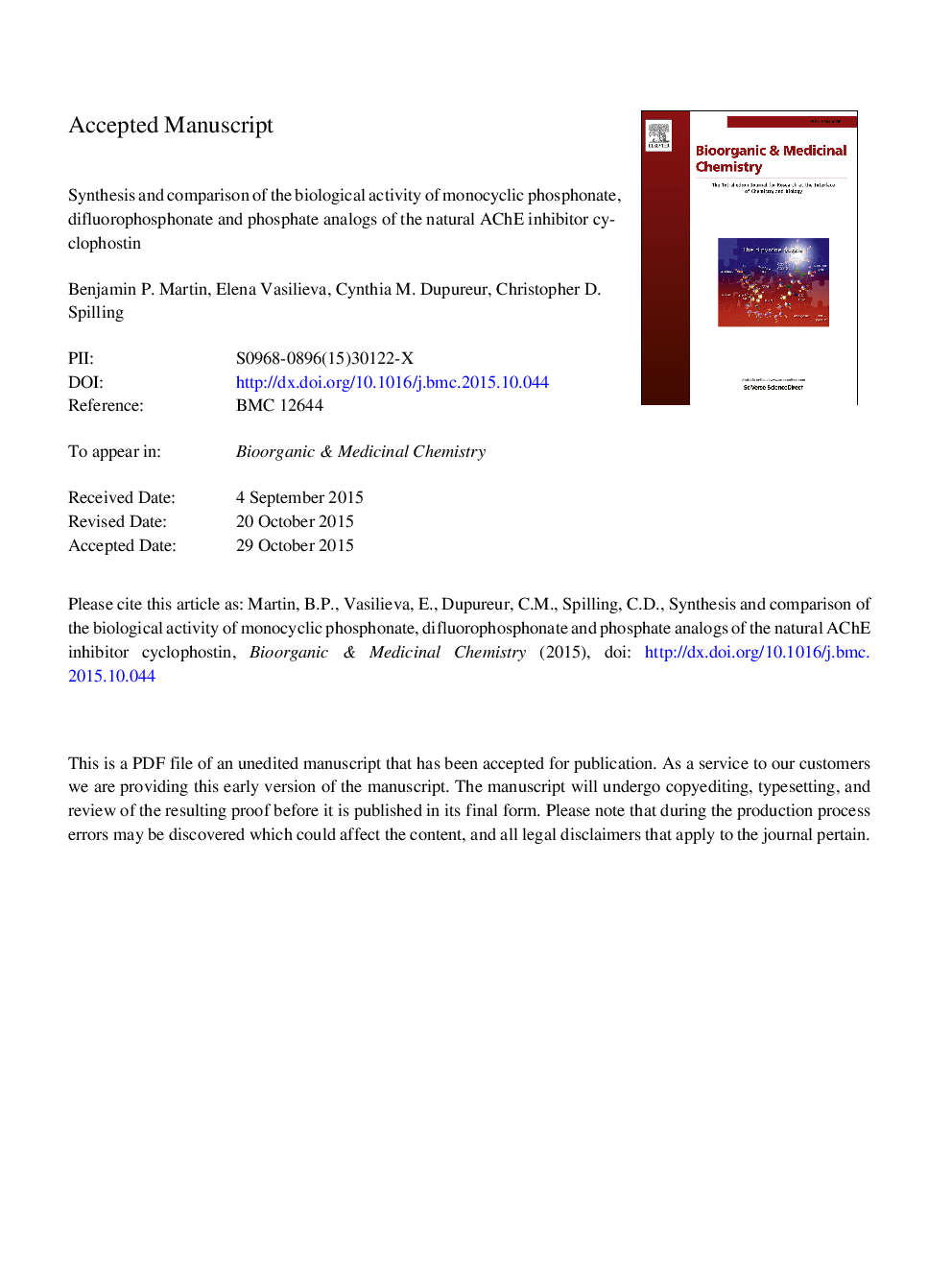 Synthesis and comparison of the biological activity of monocyclic phosphonate, difluorophosphonate and phosphate analogs of the natural AChE inhibitor cyclophostin