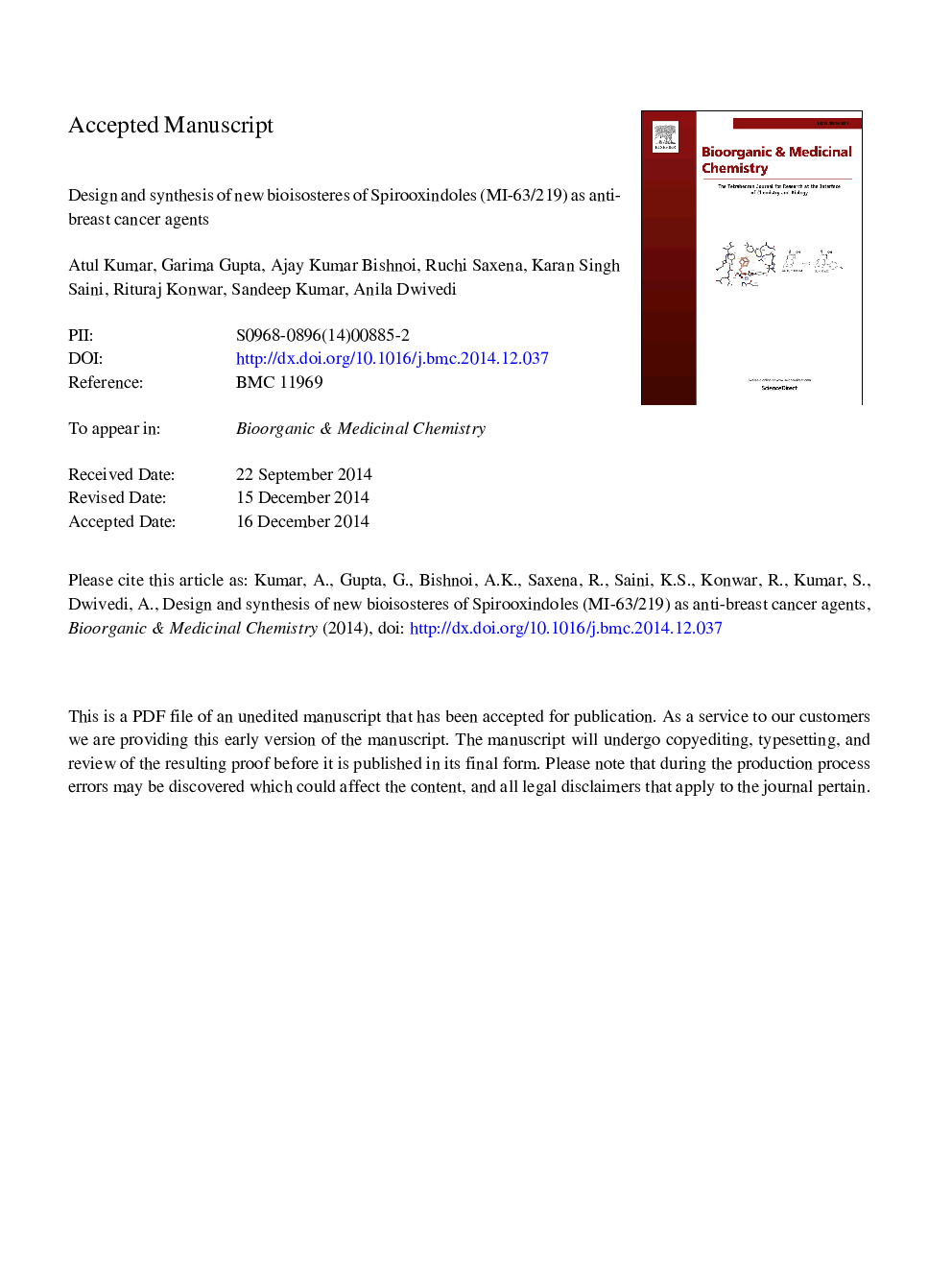 Design and synthesis of new bioisosteres of spirooxindoles (MI-63/219) as anti-breast cancer agents