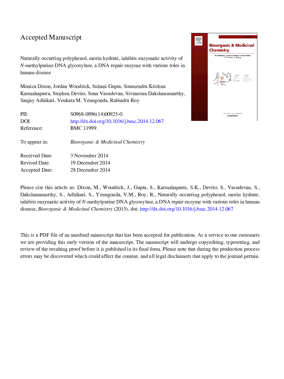 Naturally occurring polyphenol, morin hydrate, inhibits enzymatic activity of N-methylpurine DNA glycosylase, a DNA repair enzyme with various roles in human disease