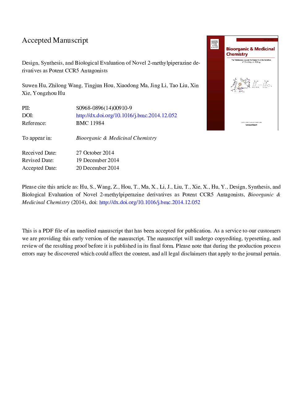 Design, synthesis, and biological evaluation of novel 2-methylpiperazine derivatives as potent CCR5 antagonists