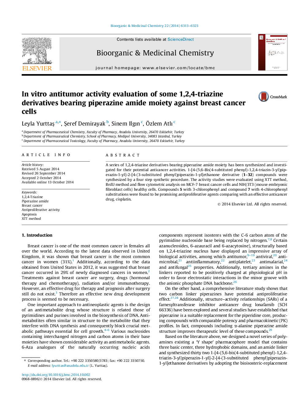 In vitro antitumor activity evaluation of some 1,2,4-triazine derivatives bearing piperazine amide moiety against breast cancer cells