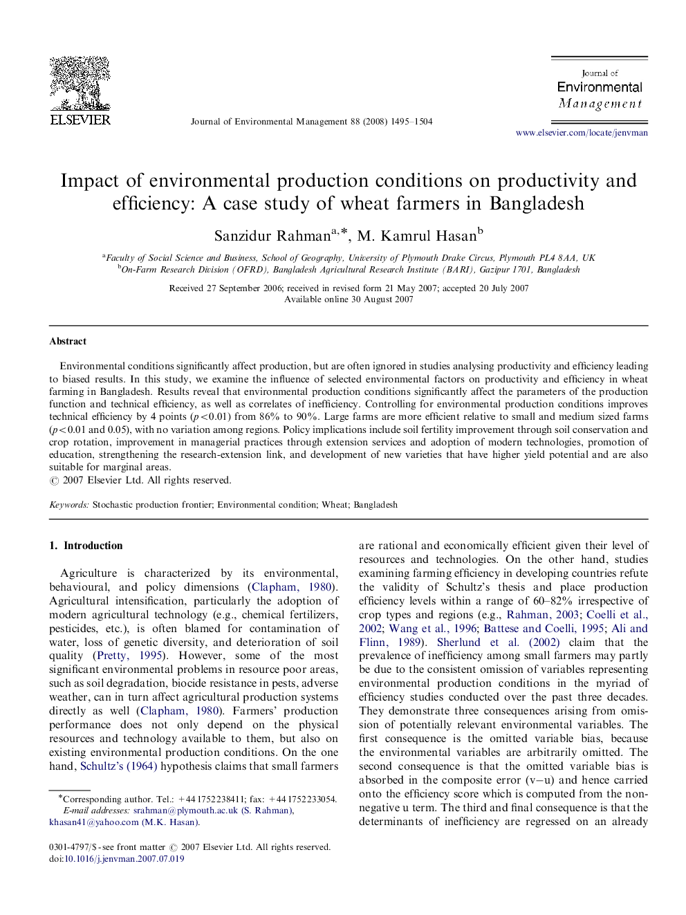 Impact of environmental production conditions on productivity and efficiency: A case study of wheat farmers in Bangladesh