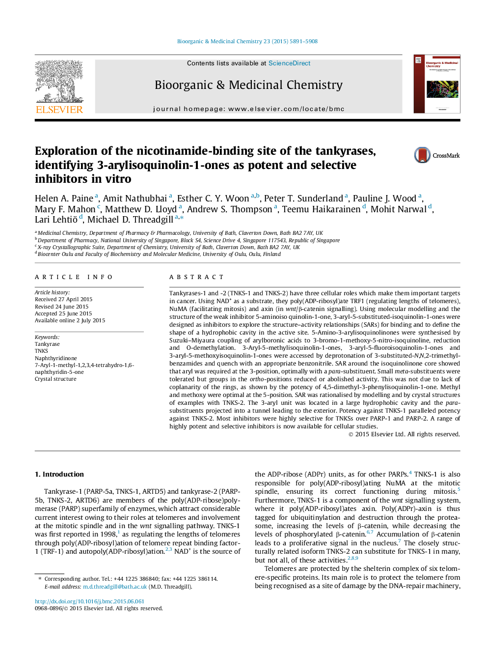 Exploration of the nicotinamide-binding site of the tankyrases, identifying 3-arylisoquinolin-1-ones as potent and selective inhibitors in vitro