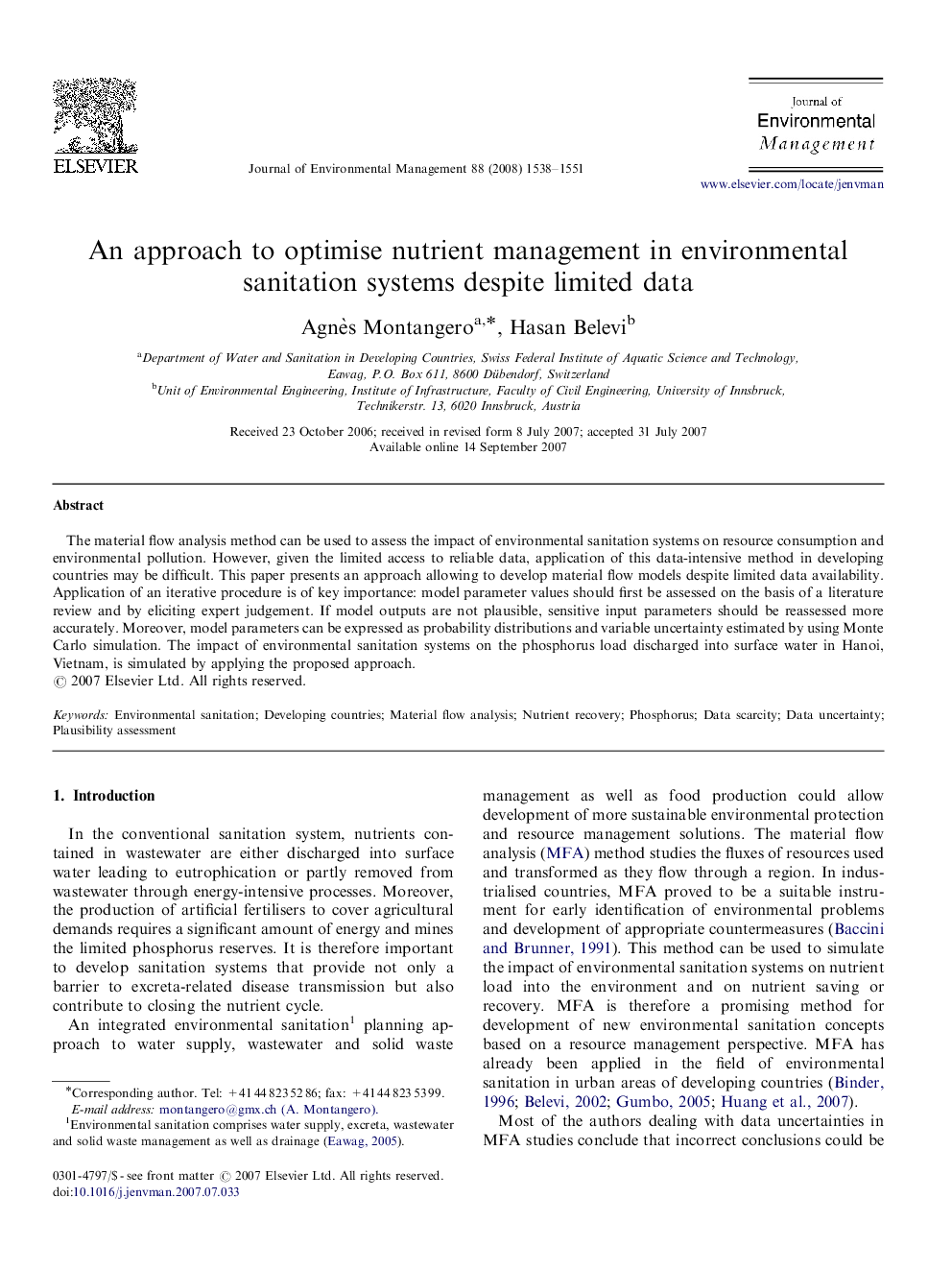 An approach to optimise nutrient management in environmental sanitation systems despite limited data