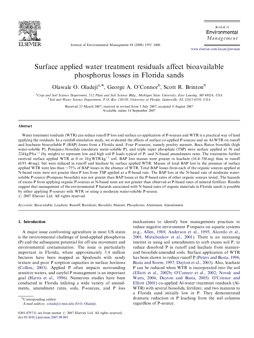 Surface applied water treatment residuals affect bioavailable phosphorus losses in Florida sands