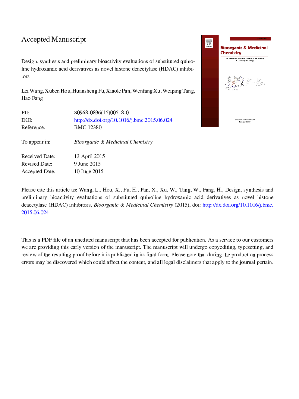 Design, synthesis and preliminary bioactivity evaluations of substituted quinoline hydroxamic acid derivatives as novel histone deacetylase (HDAC) inhibitors