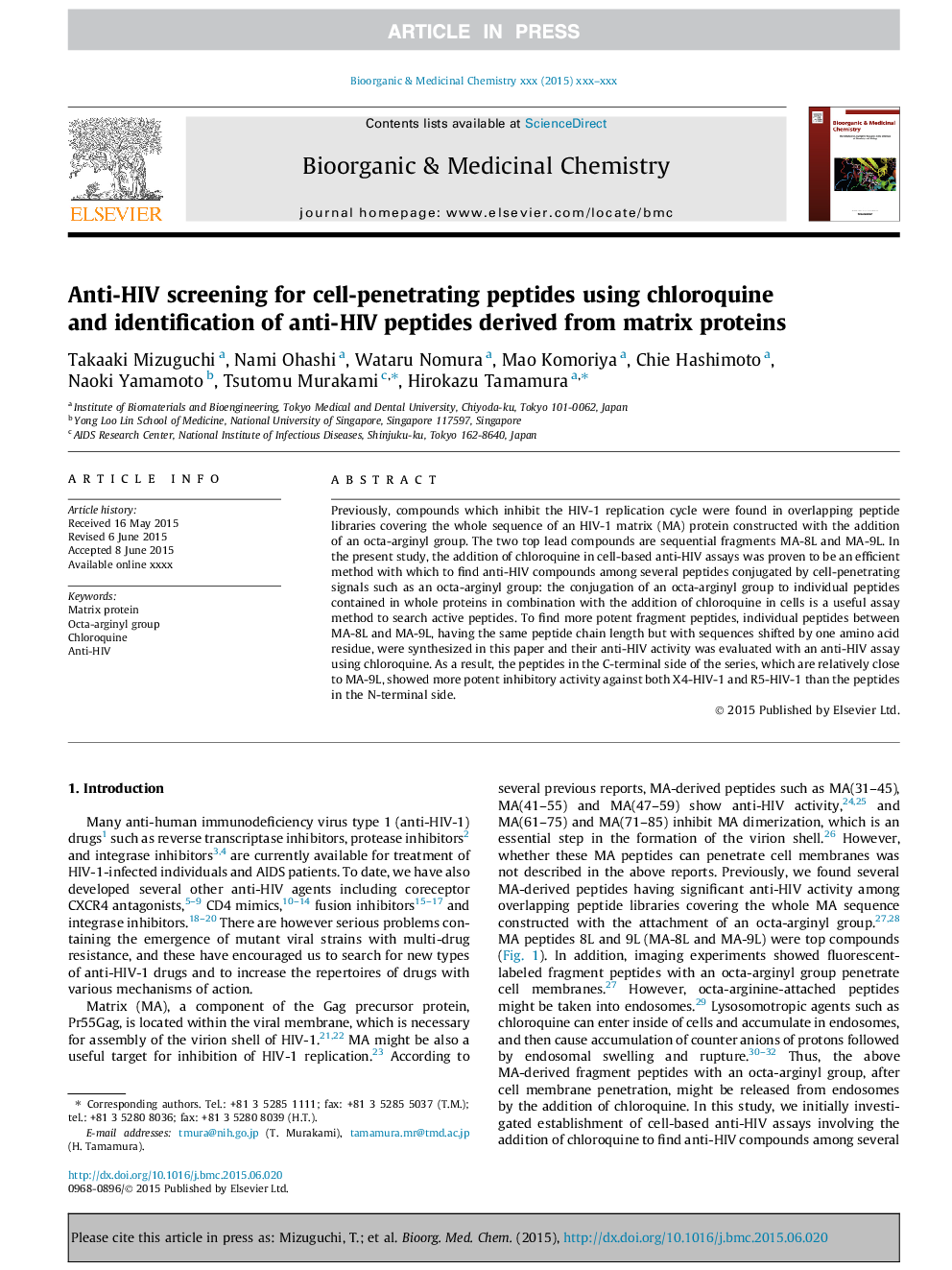 Anti-HIV screening for cell-penetrating peptides using chloroquine and identification of anti-HIV peptides derived from matrix proteins