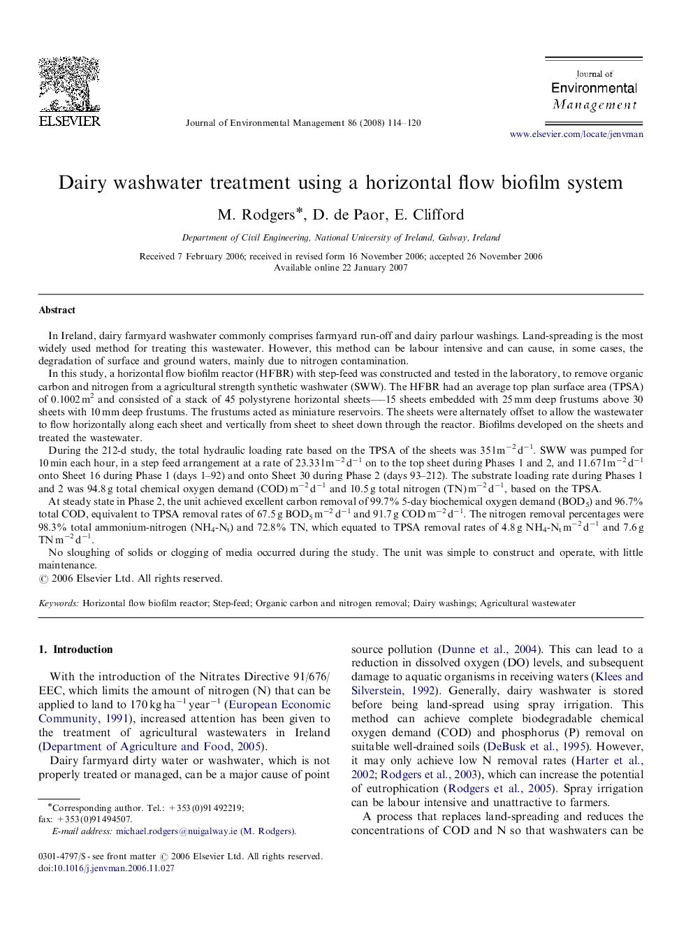 Dairy washwater treatment using a horizontal flow biofilm system