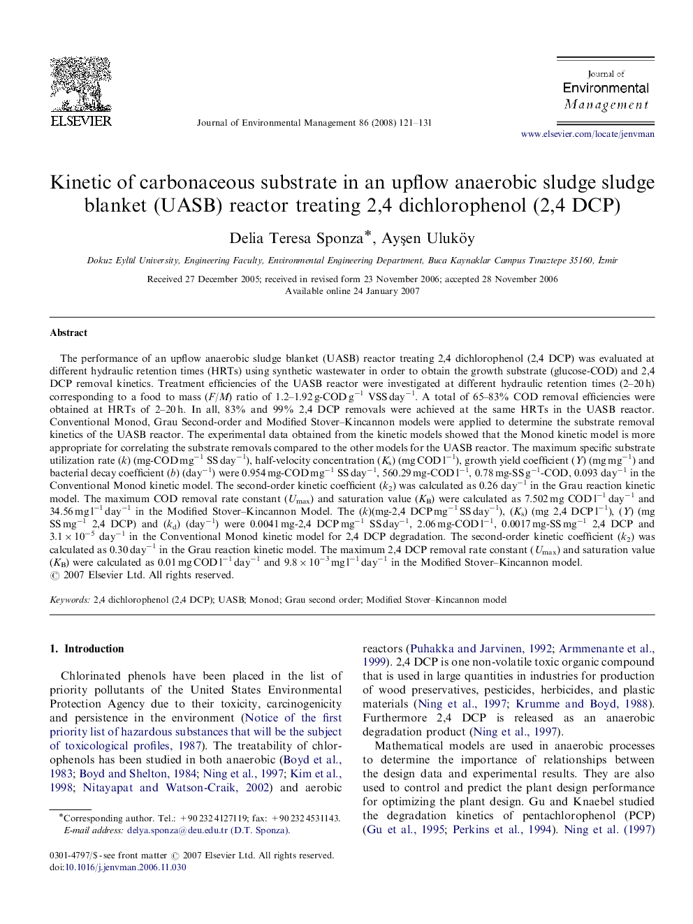 Kinetic of carbonaceous substrate in an upflow anaerobic sludge sludge blanket (UASB) reactor treating 2,4 dichlorophenol (2,4 DCP)