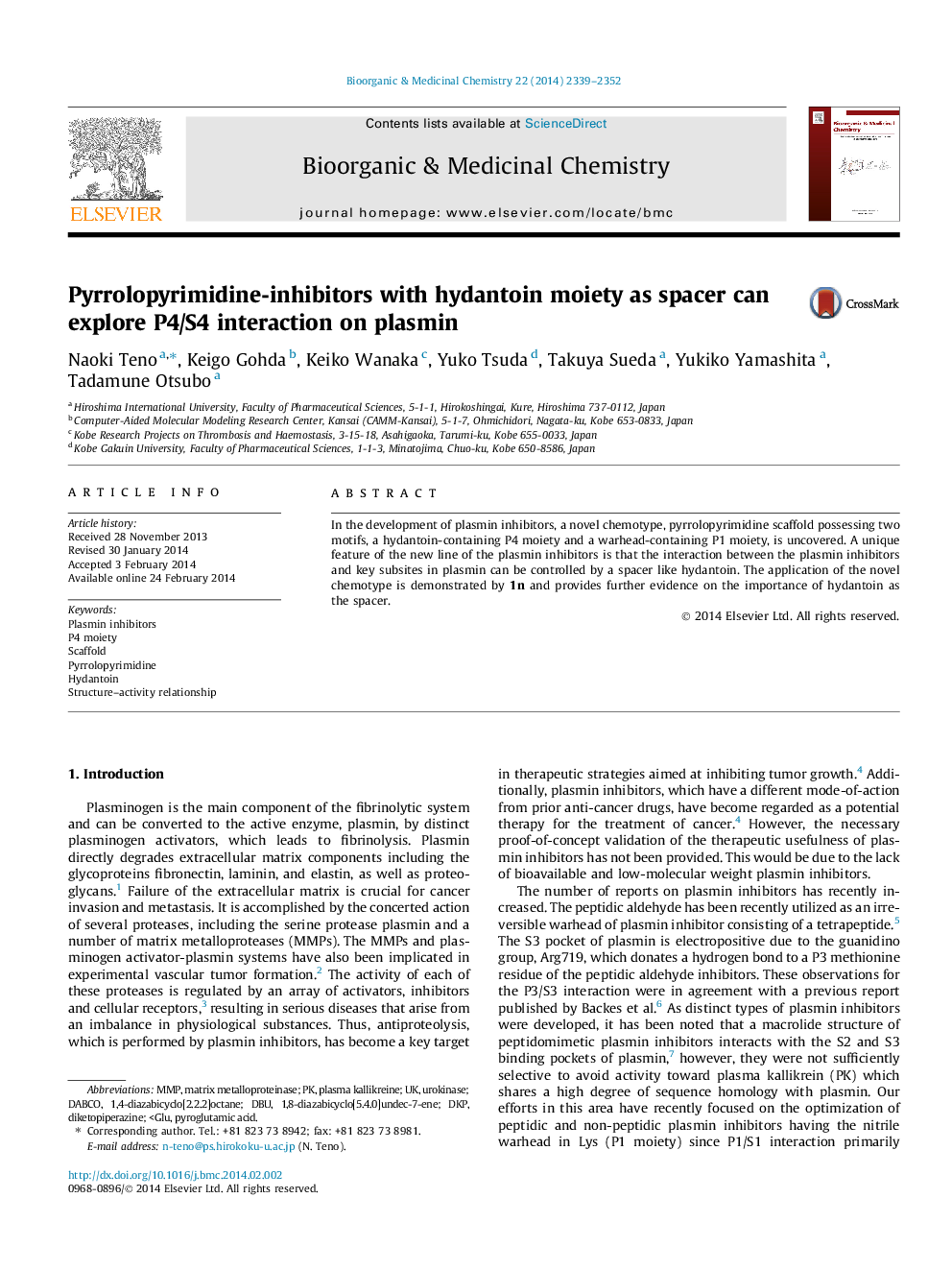 Pyrrolopyrimidine-inhibitors with hydantoin moiety as spacer can explore P4/S4 interaction on plasmin