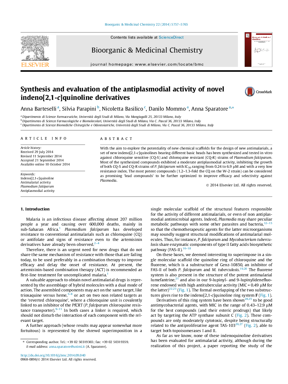 Synthesis and evaluation of the antiplasmodial activity of novel indeno[2,1-c]quinoline derivatives