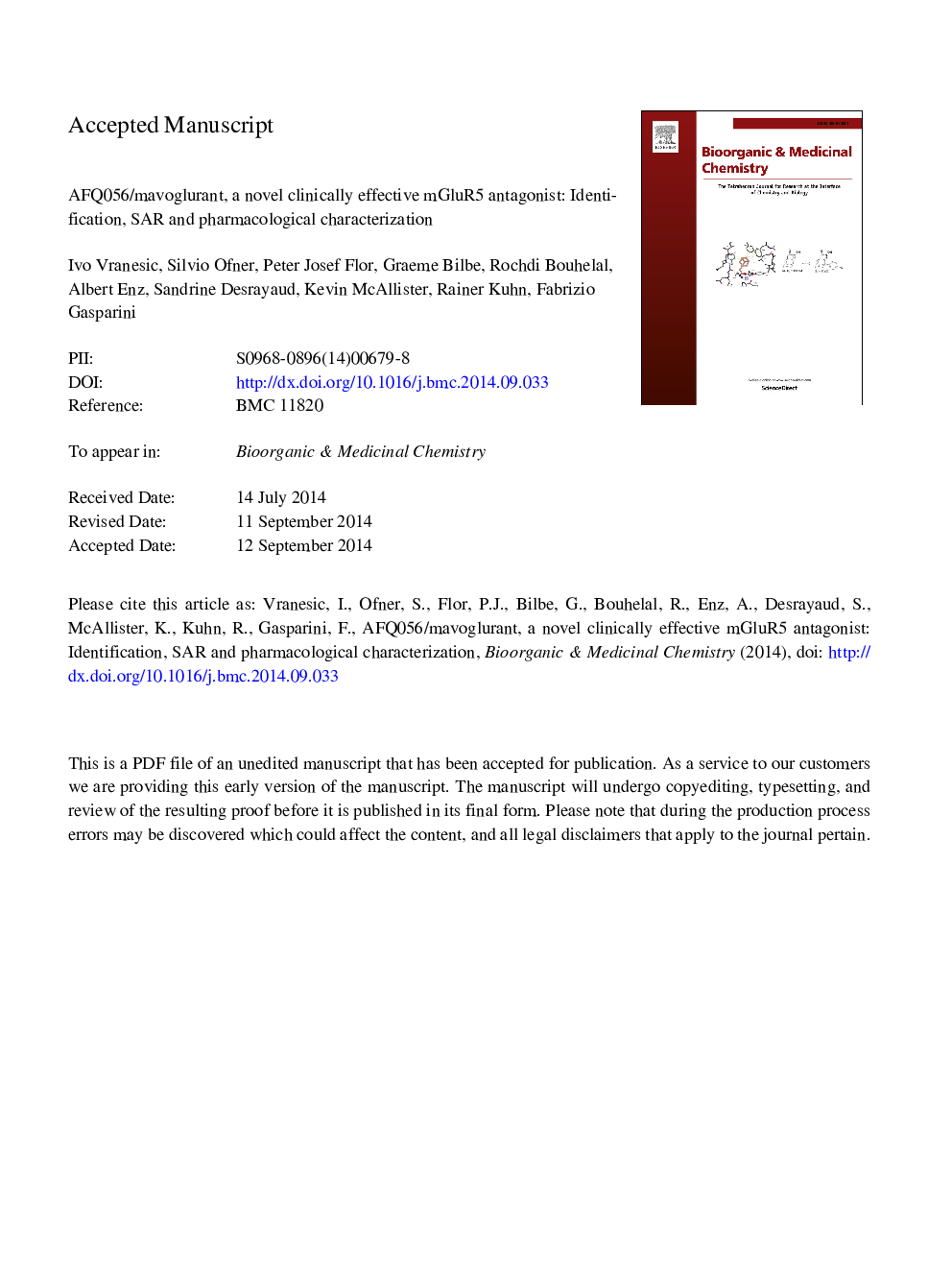 AFQ056/mavoglurant, a novel clinically effective mGluR5 antagonist: Identification, SAR and pharmacological characterization