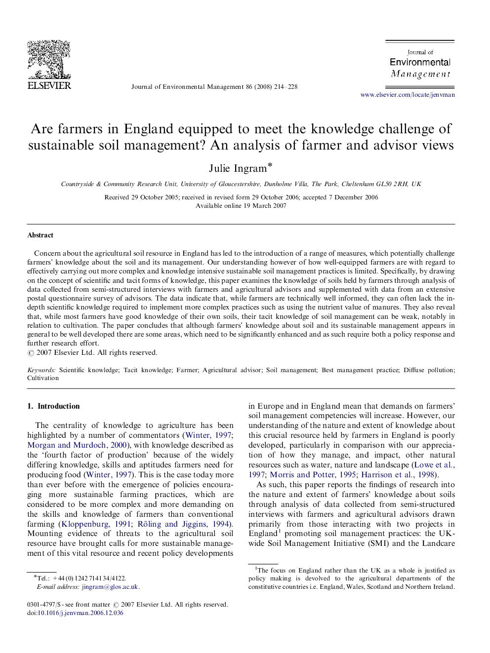 Are farmers in England equipped to meet the knowledge challenge of sustainable soil management? An analysis of farmer and advisor views