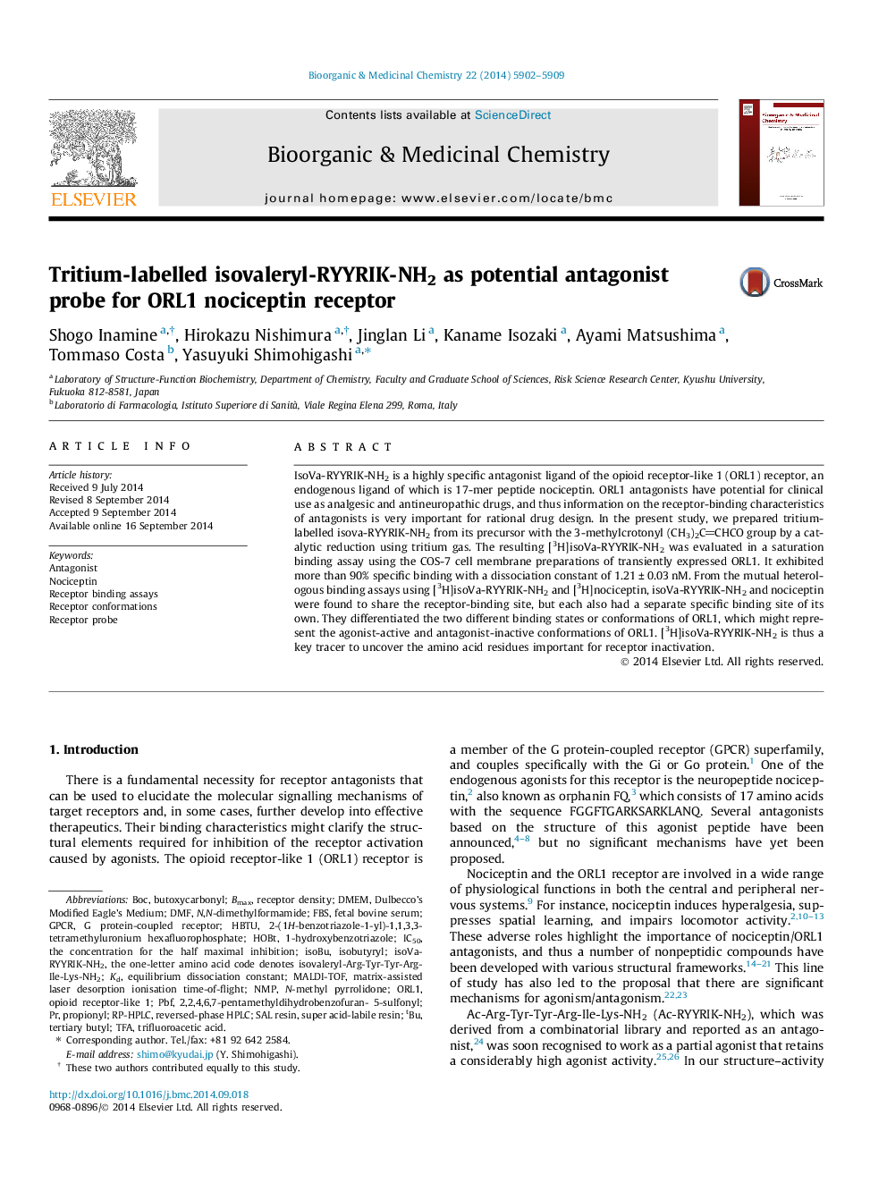 Tritium-labelled isovaleryl-RYYRIK-NH2 as potential antagonist probe for ORL1 nociceptin receptor