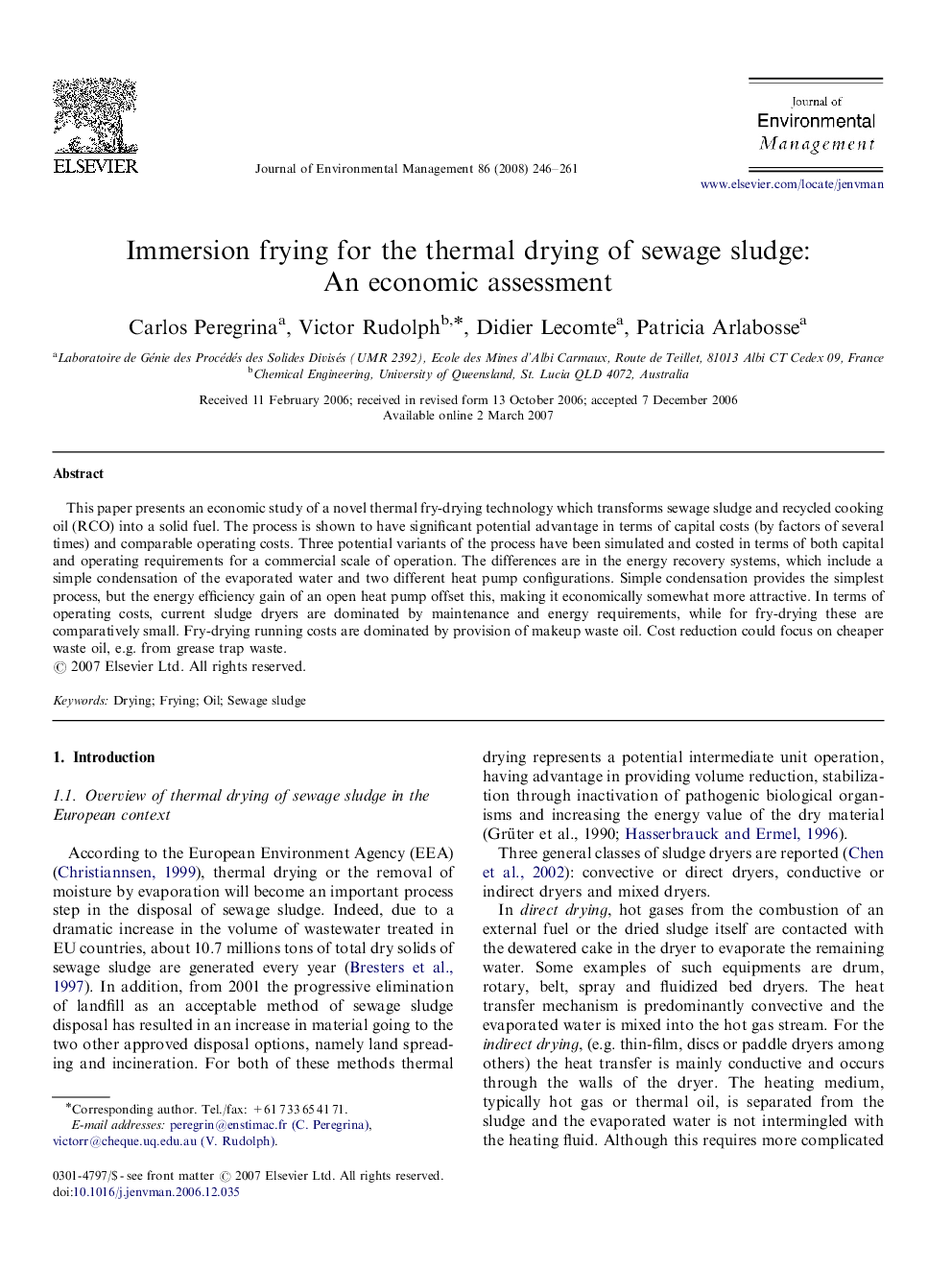 Immersion frying for the thermal drying of sewage sludge: An economic assessment