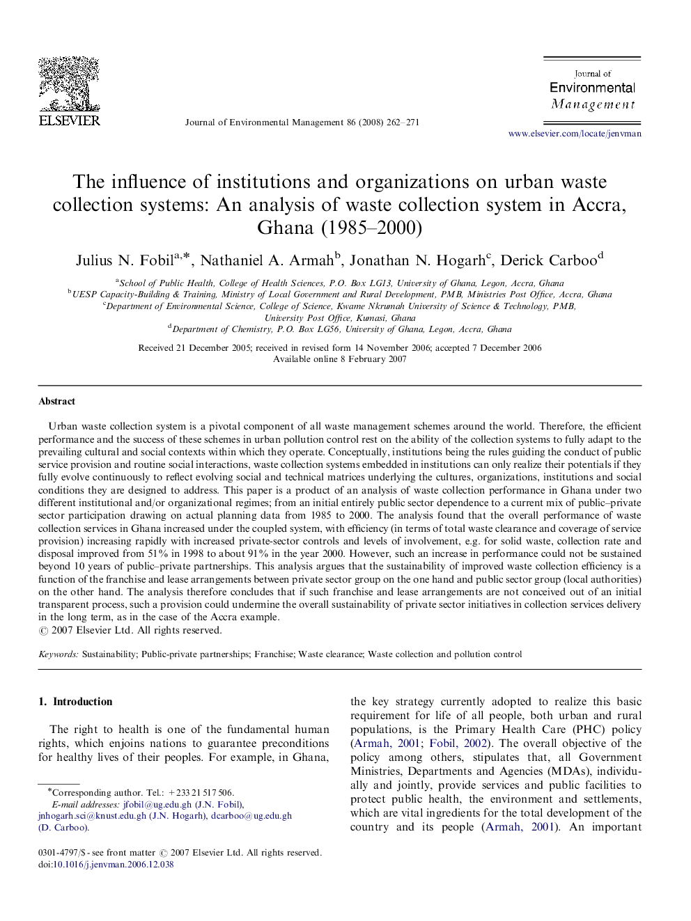 The influence of institutions and organizations on urban waste collection systems: An analysis of waste collection system in Accra, Ghana (1985–2000)