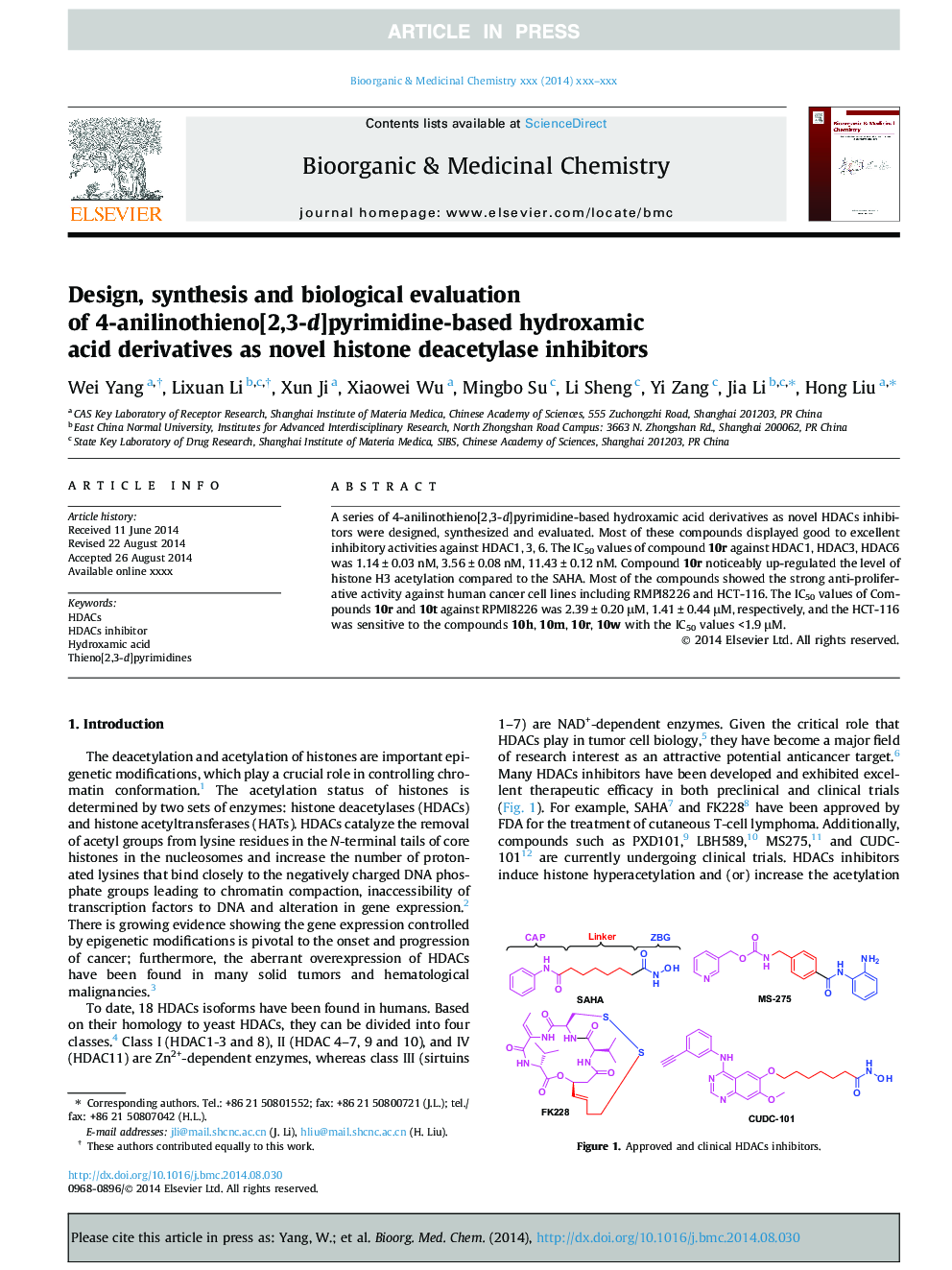 Design, synthesis and biological evaluation of 4-anilinothieno[2,3-d]pyrimidine-based hydroxamic acid derivatives as novel histone deacetylase inhibitors