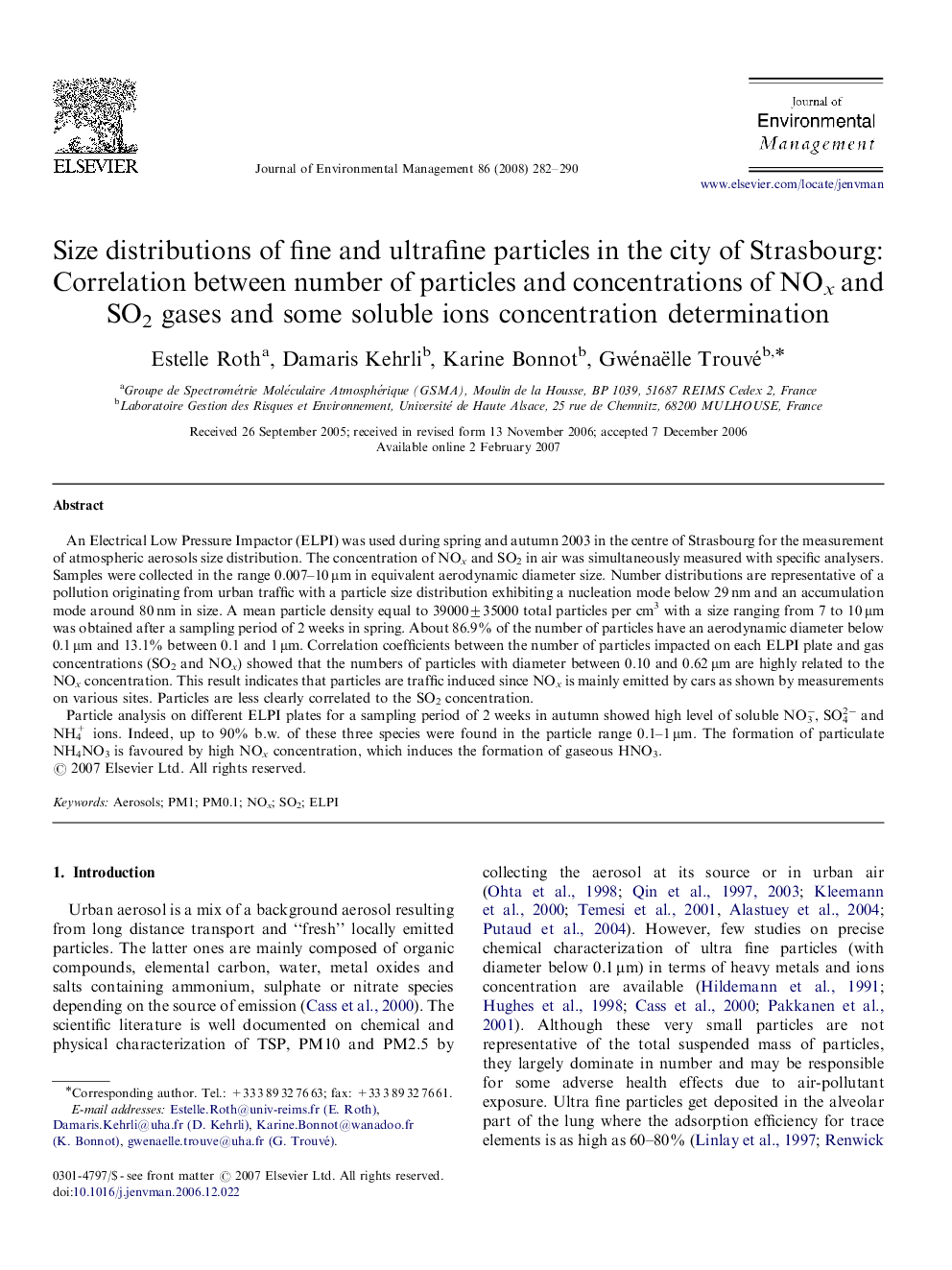 Size distributions of fine and ultrafine particles in the city of Strasbourg: Correlation between number of particles and concentrations of NOx and SO2 gases and some soluble ions concentration determination