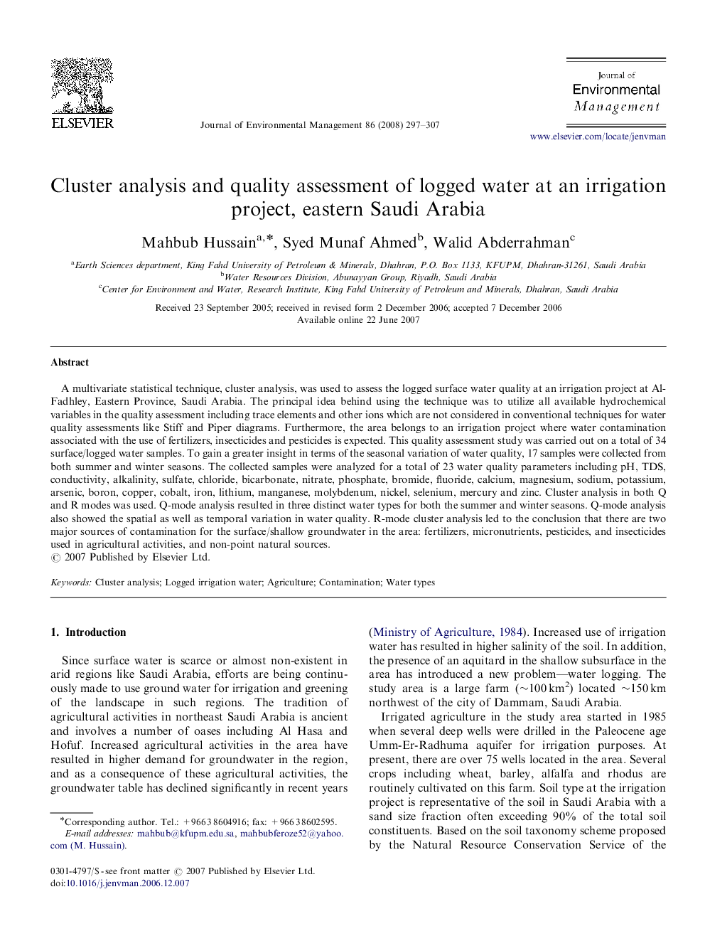 Cluster analysis and quality assessment of logged water at an irrigation project, eastern Saudi Arabia