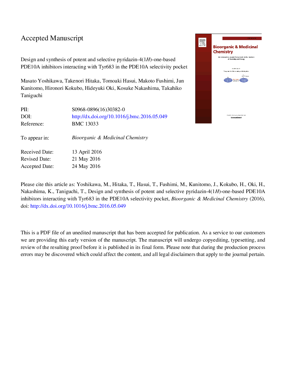 Design and synthesis of potent and selective pyridazin-4(1H)-one-based PDE10A inhibitors interacting with Tyr683 in the PDE10A selectivity pocket