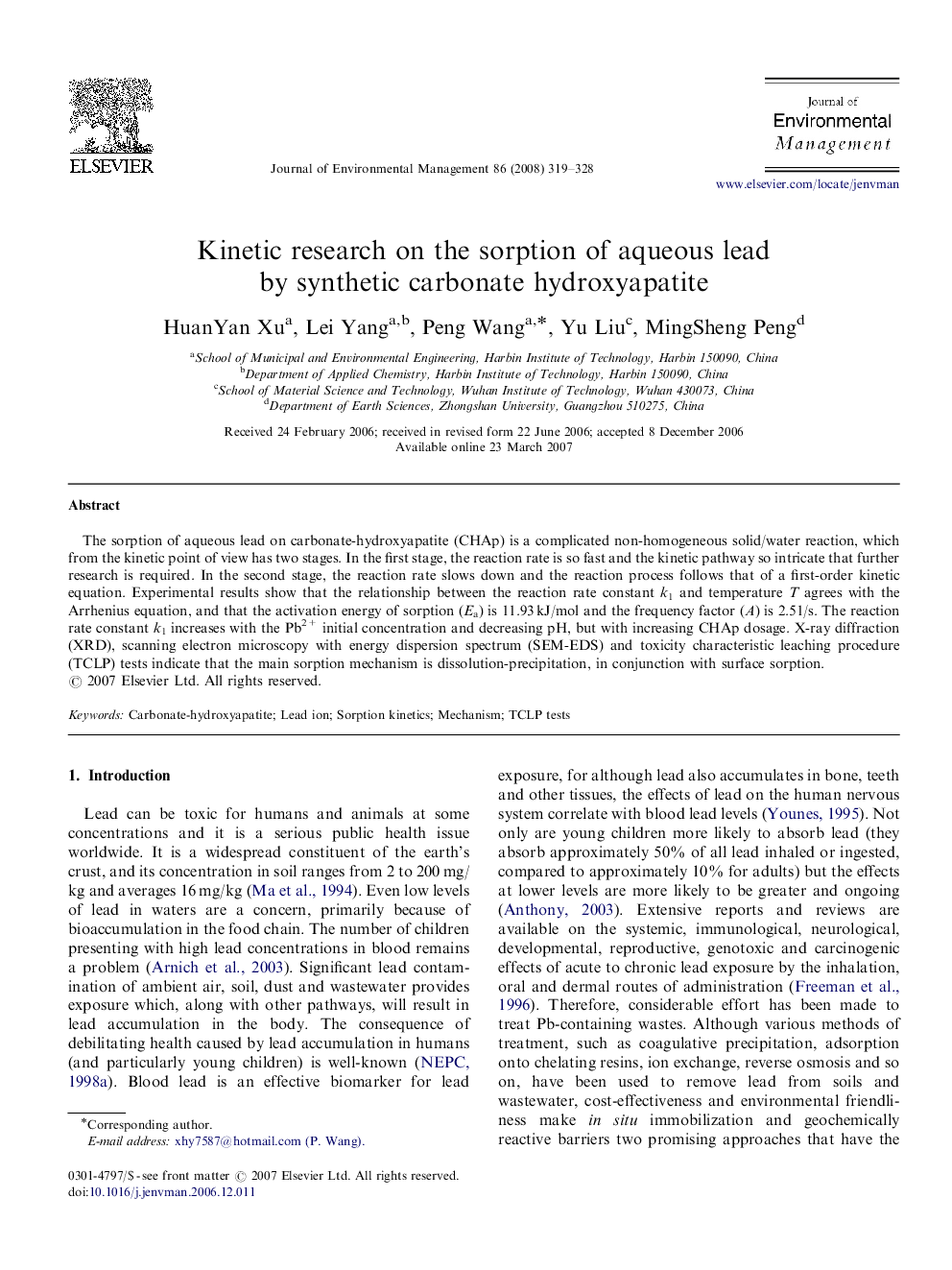 Kinetic research on the sorption of aqueous lead by synthetic carbonate hydroxyapatite