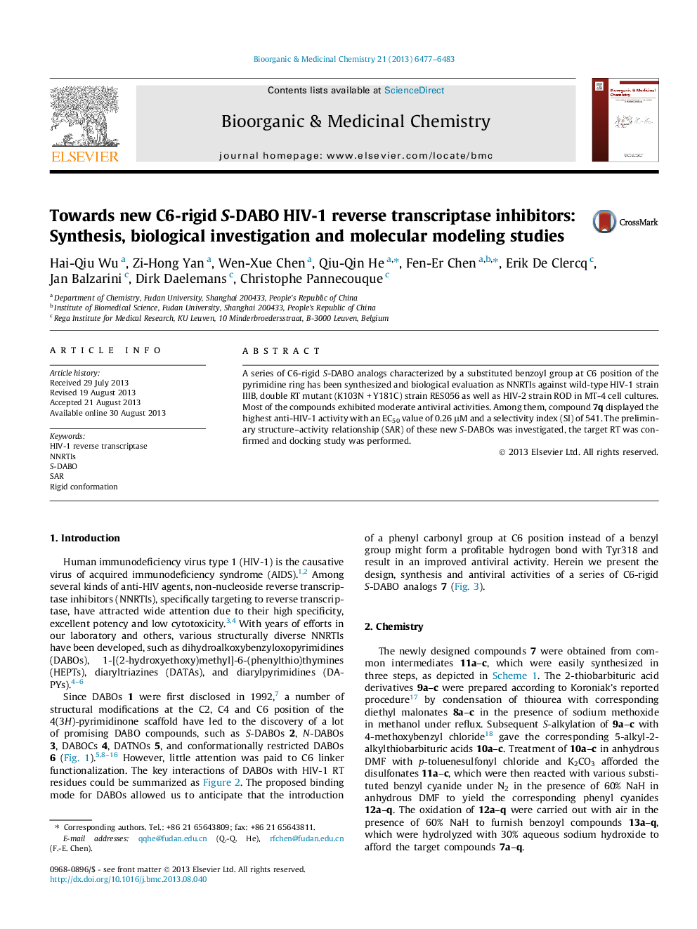 Towards new C6-rigid S-DABO HIV-1 reverse transcriptase inhibitors: Synthesis, biological investigation and molecular modeling studies