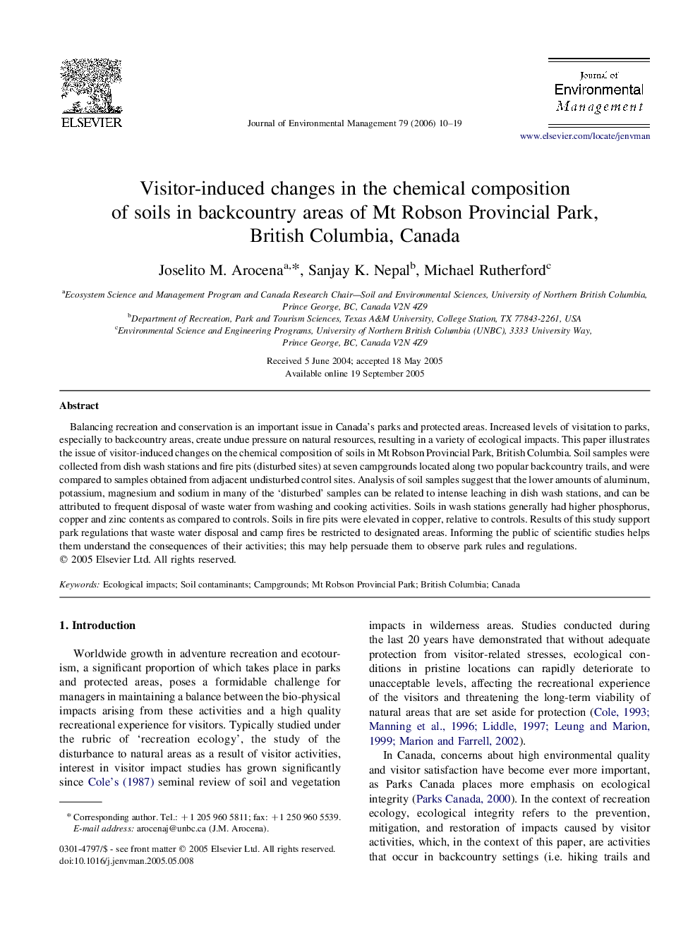 Visitor-induced changes in the chemical composition of soils in backcountry areas of Mt Robson Provincial Park, British Columbia, Canada