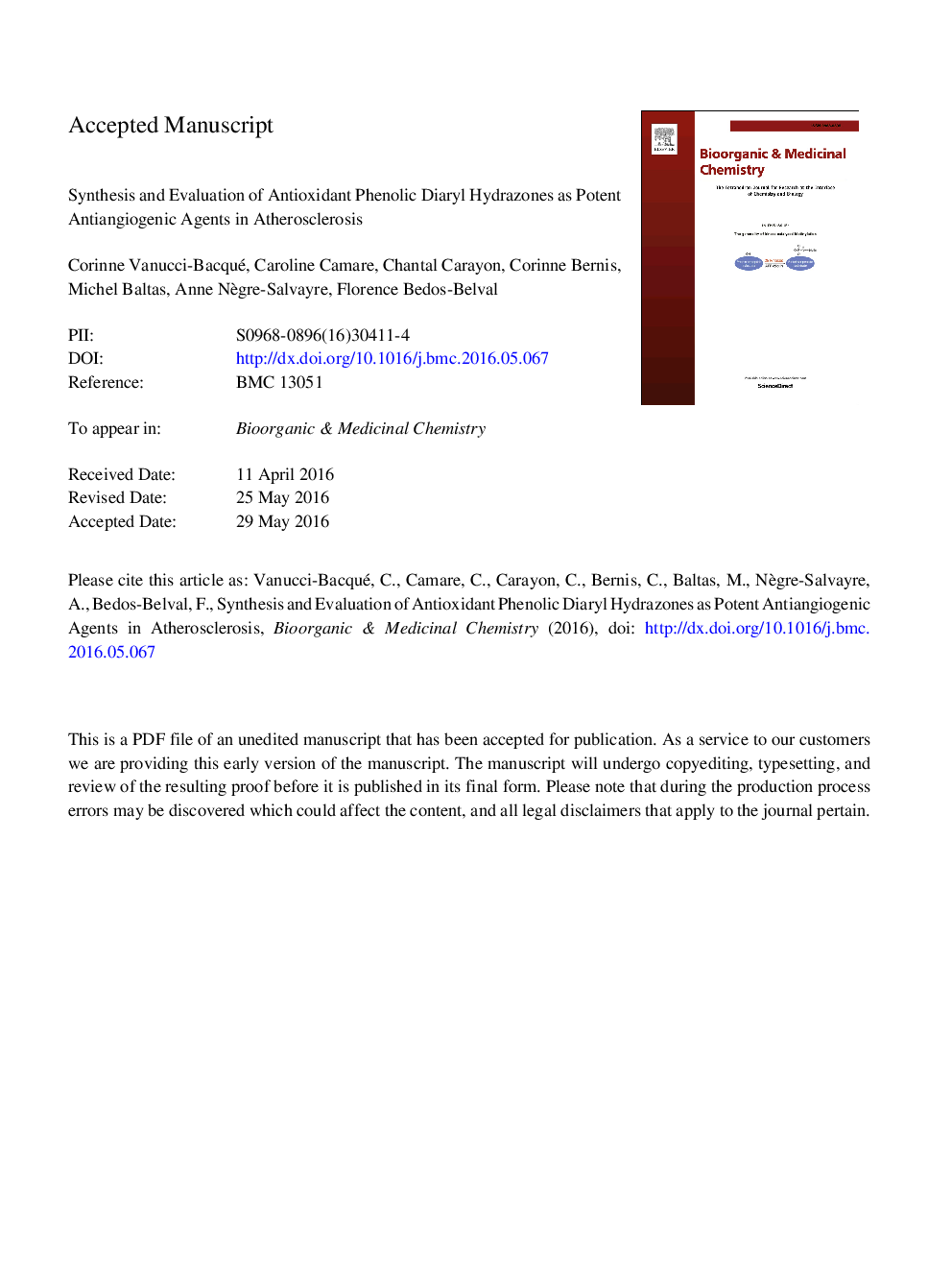 Synthesis and evaluation of antioxidant phenolic diaryl hydrazones as potent antiangiogenic agents in atherosclerosis