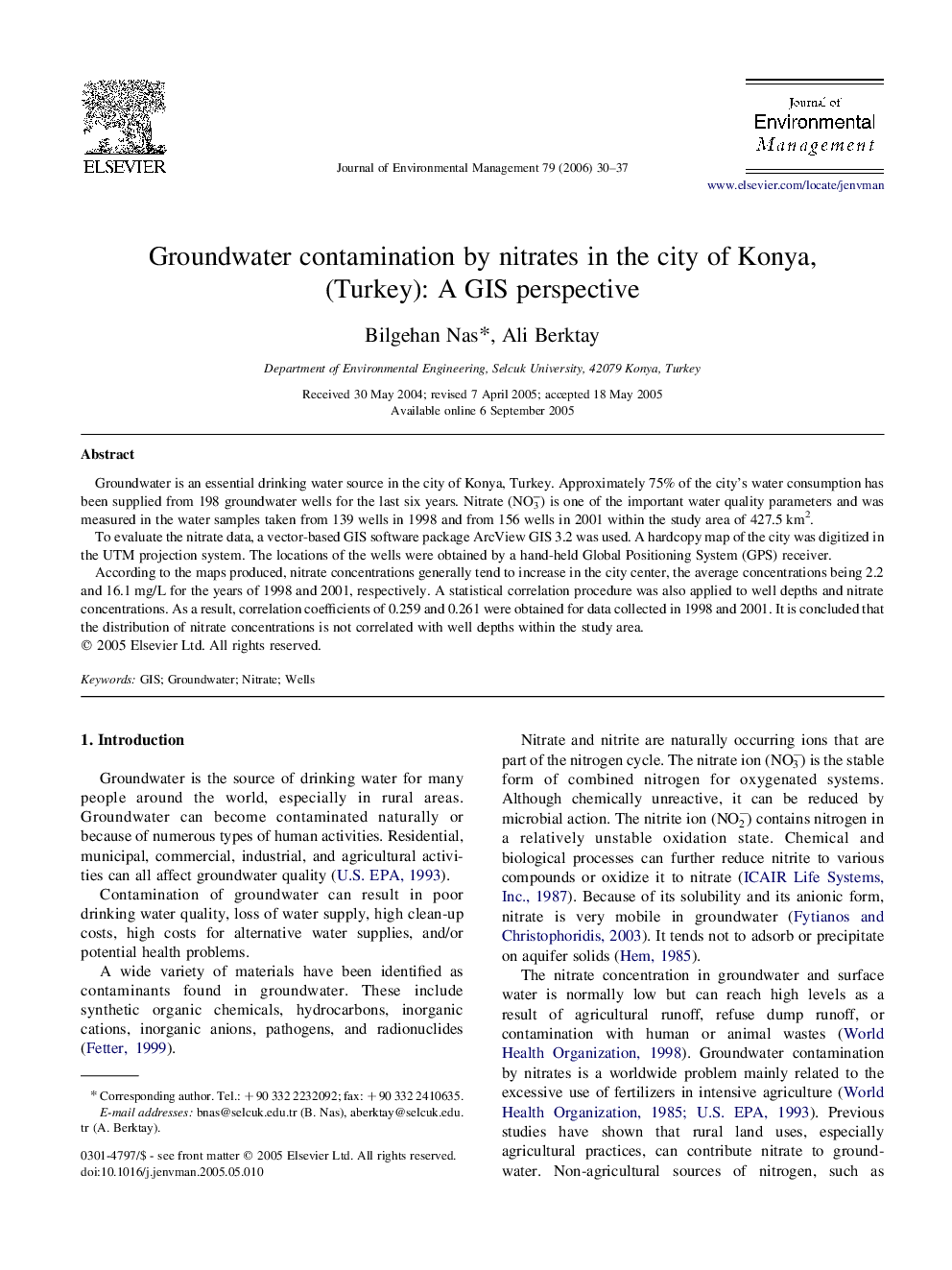 Groundwater contamination by nitrates in the city of Konya, (Turkey): A GIS perspective