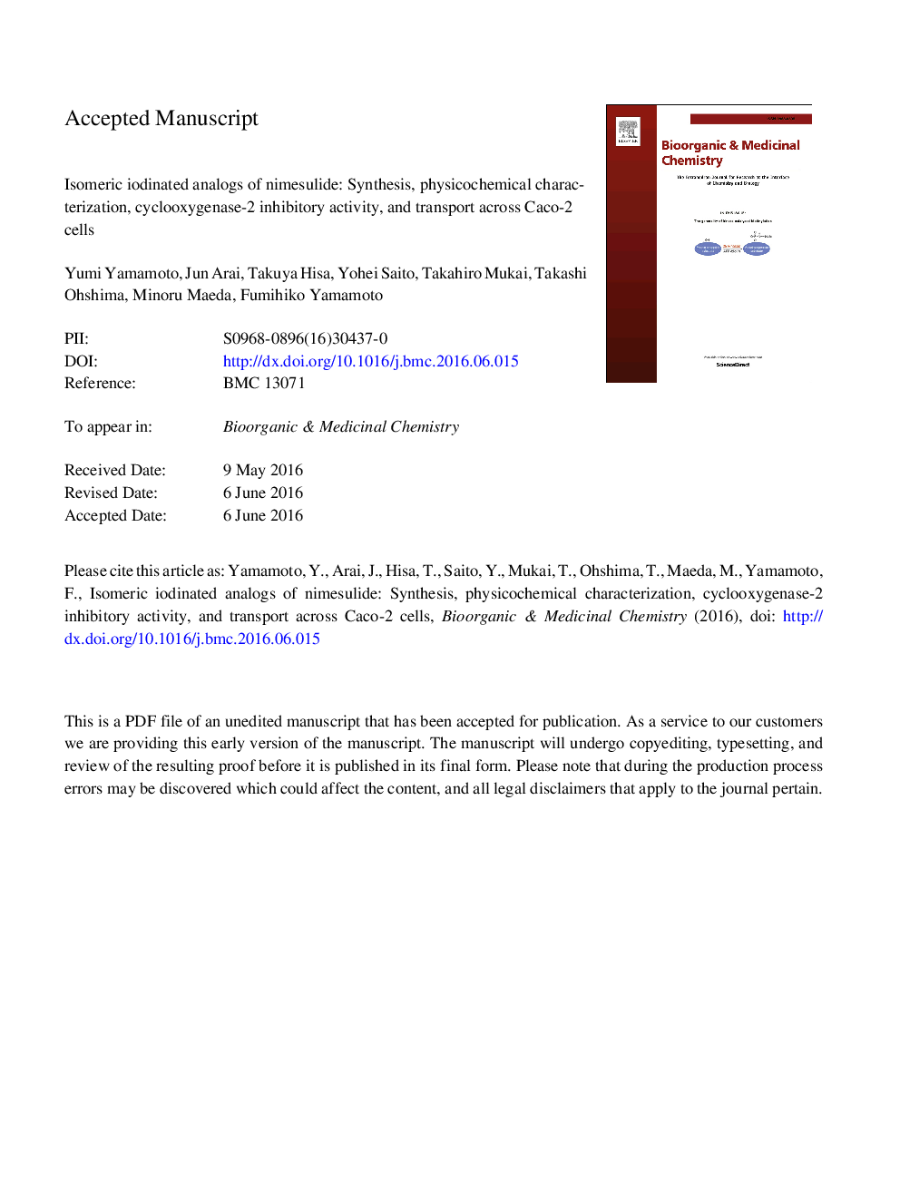 Isomeric iodinated analogs of nimesulide: Synthesis, physicochemical characterization, cyclooxygenase-2 inhibitory activity, and transport across Caco-2 cells