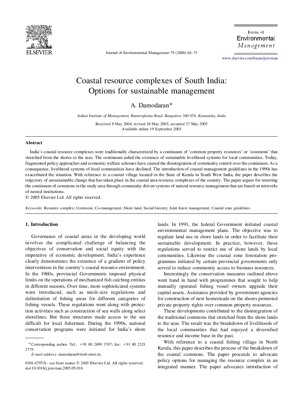 Coastal resource complexes of South India: Options for sustainable management