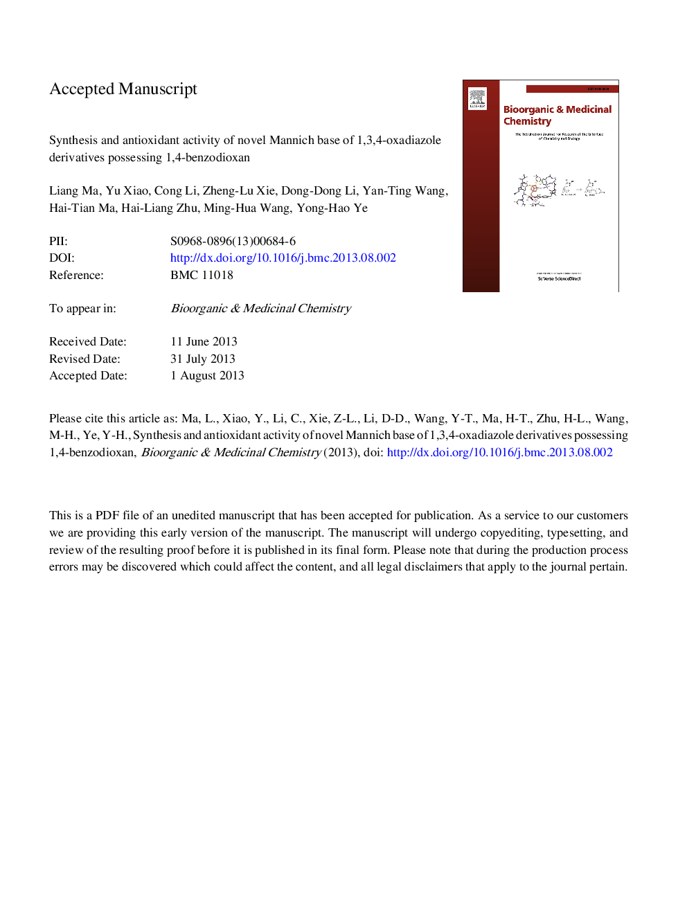 Synthesis and antioxidant activity of novel Mannich base of 1,3,4-oxadiazole derivatives possessing 1,4-benzodioxan