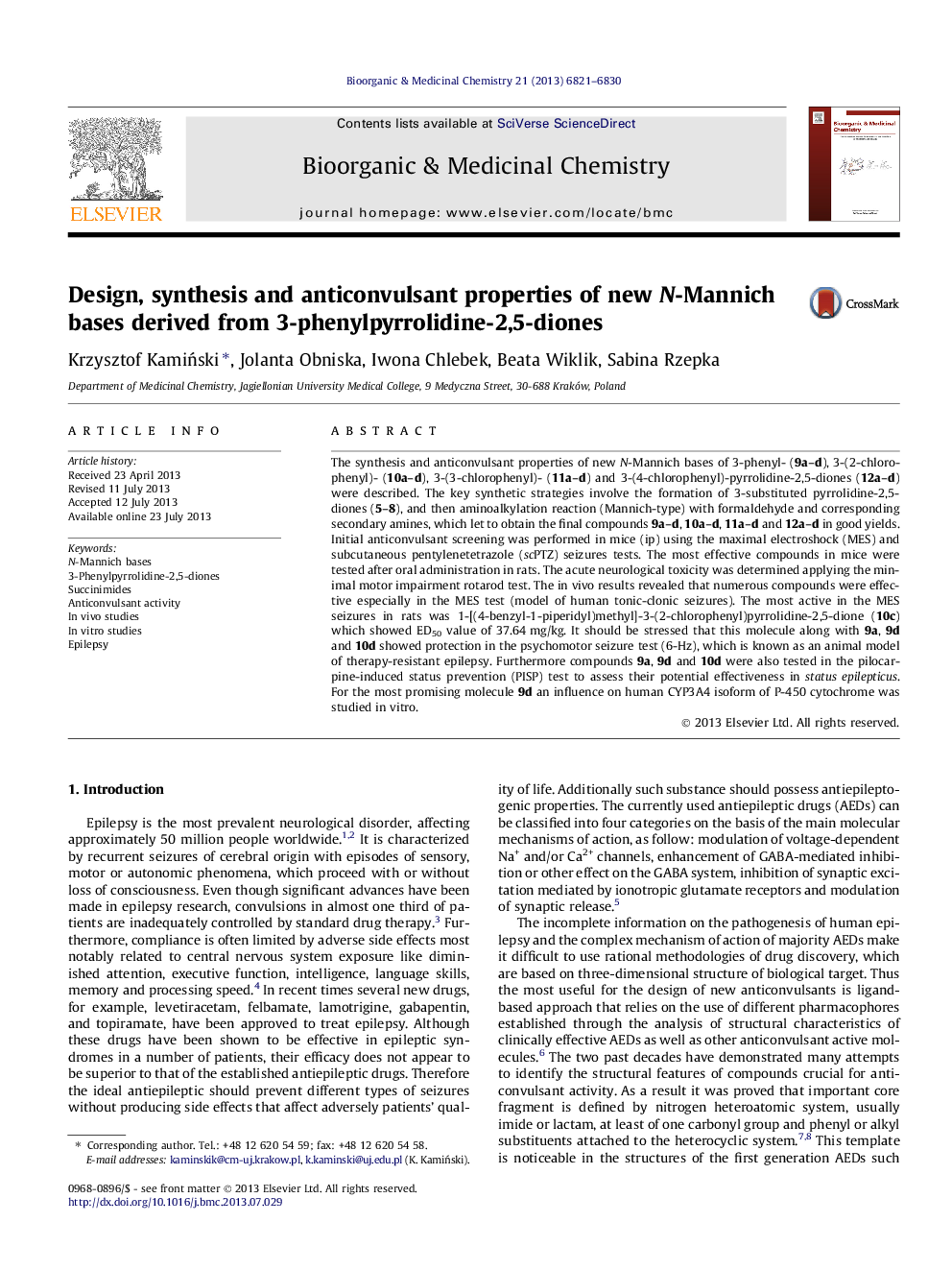 Design, synthesis and anticonvulsant properties of new N-Mannich bases derived from 3-phenylpyrrolidine-2,5-diones