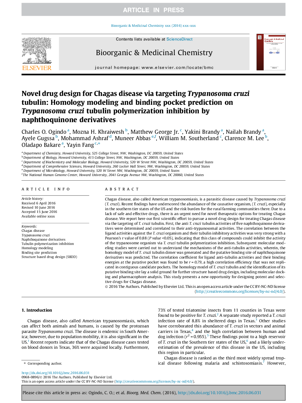Novel drug design for Chagas disease via targeting Trypanosoma cruzi tubulin: Homology modeling and binding pocket prediction on Trypanosoma cruzi tubulin polymerization inhibition by naphthoquinone derivatives