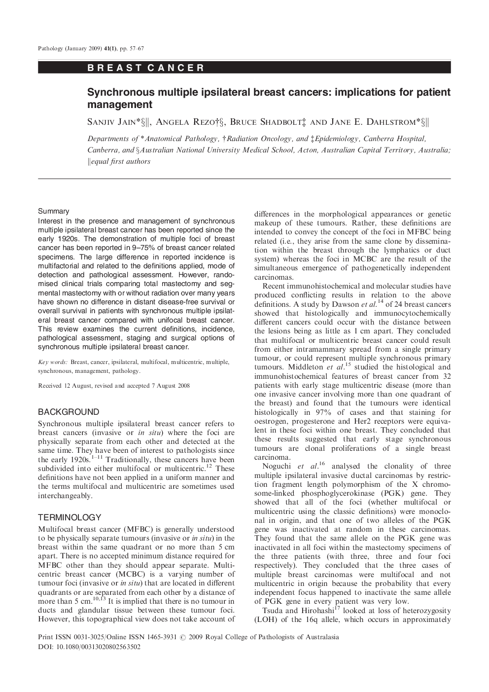 Synchronous multiple ipsilateral breast cancers: implications for patient management