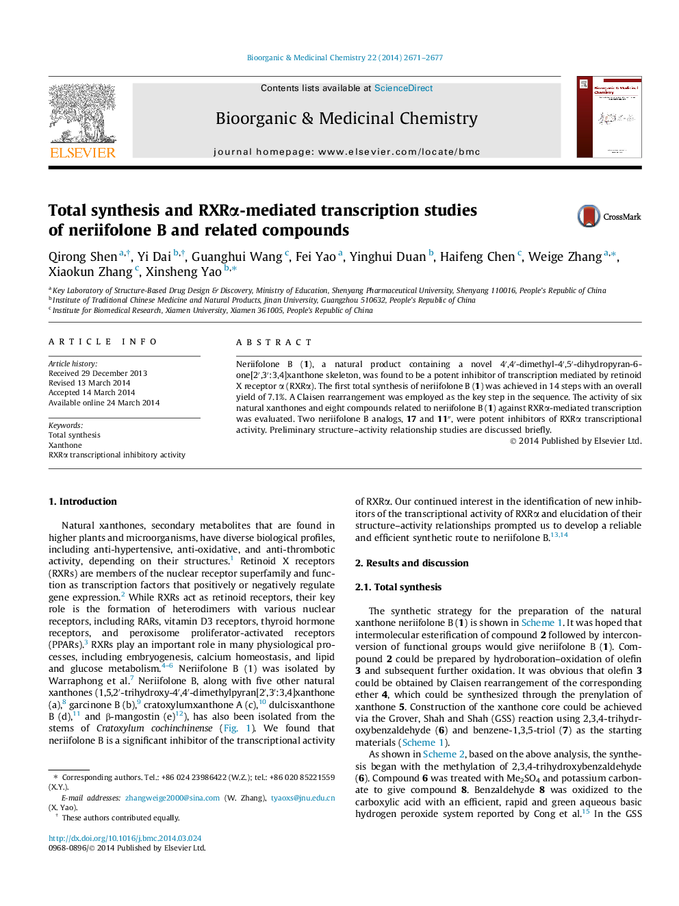 Total synthesis and RXRÎ±-mediated transcription studies of neriifolone B and related compounds