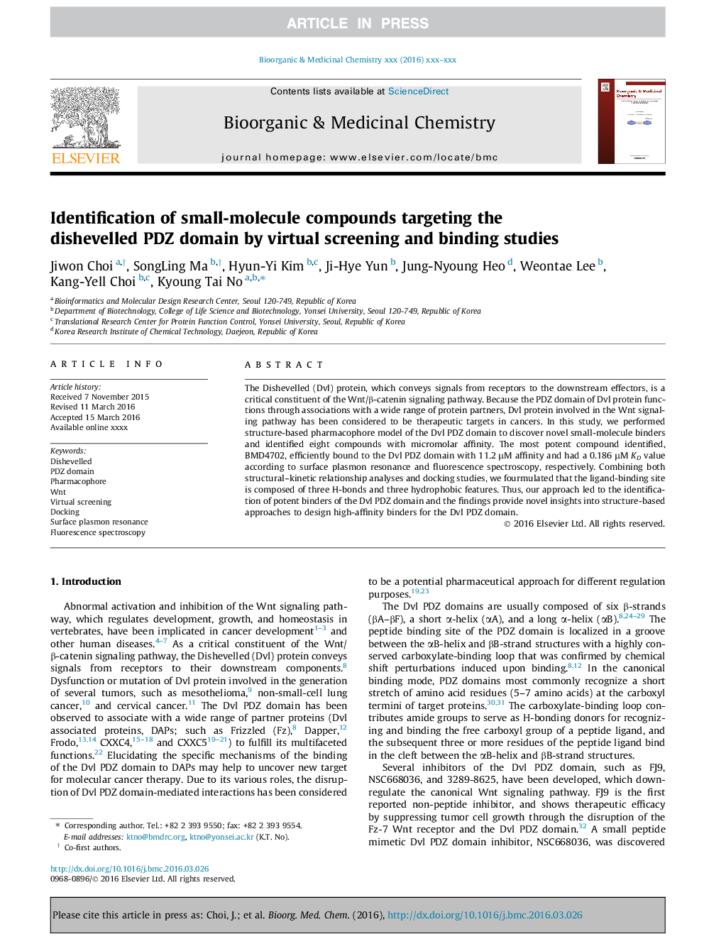 Identification of small-molecule compounds targeting the dishevelled PDZ domain by virtual screening and binding studies