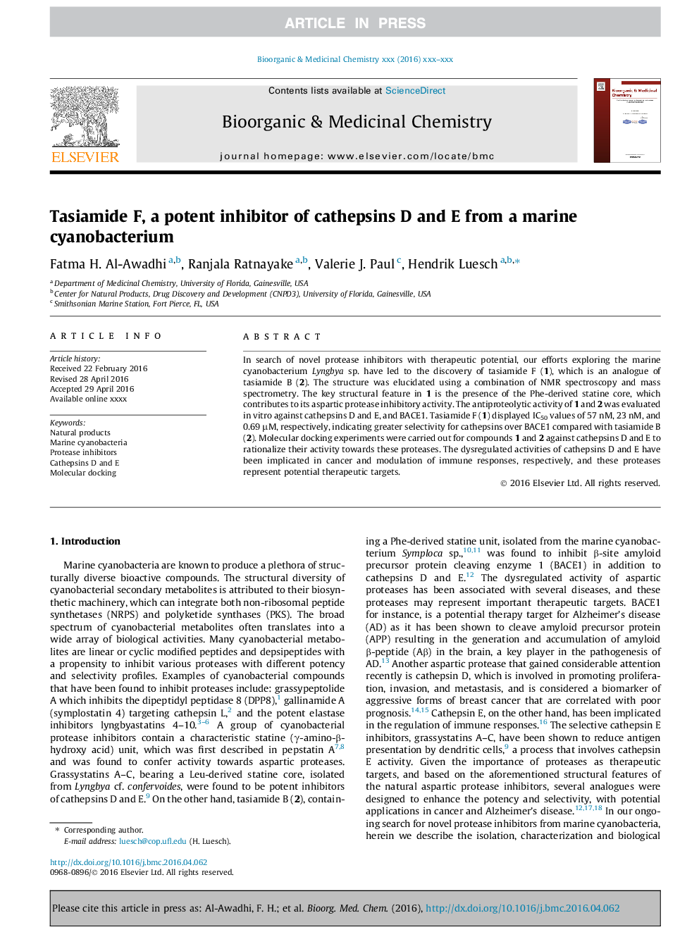 Tasiamide F, a potent inhibitor of cathepsins D and E from a marine cyanobacterium