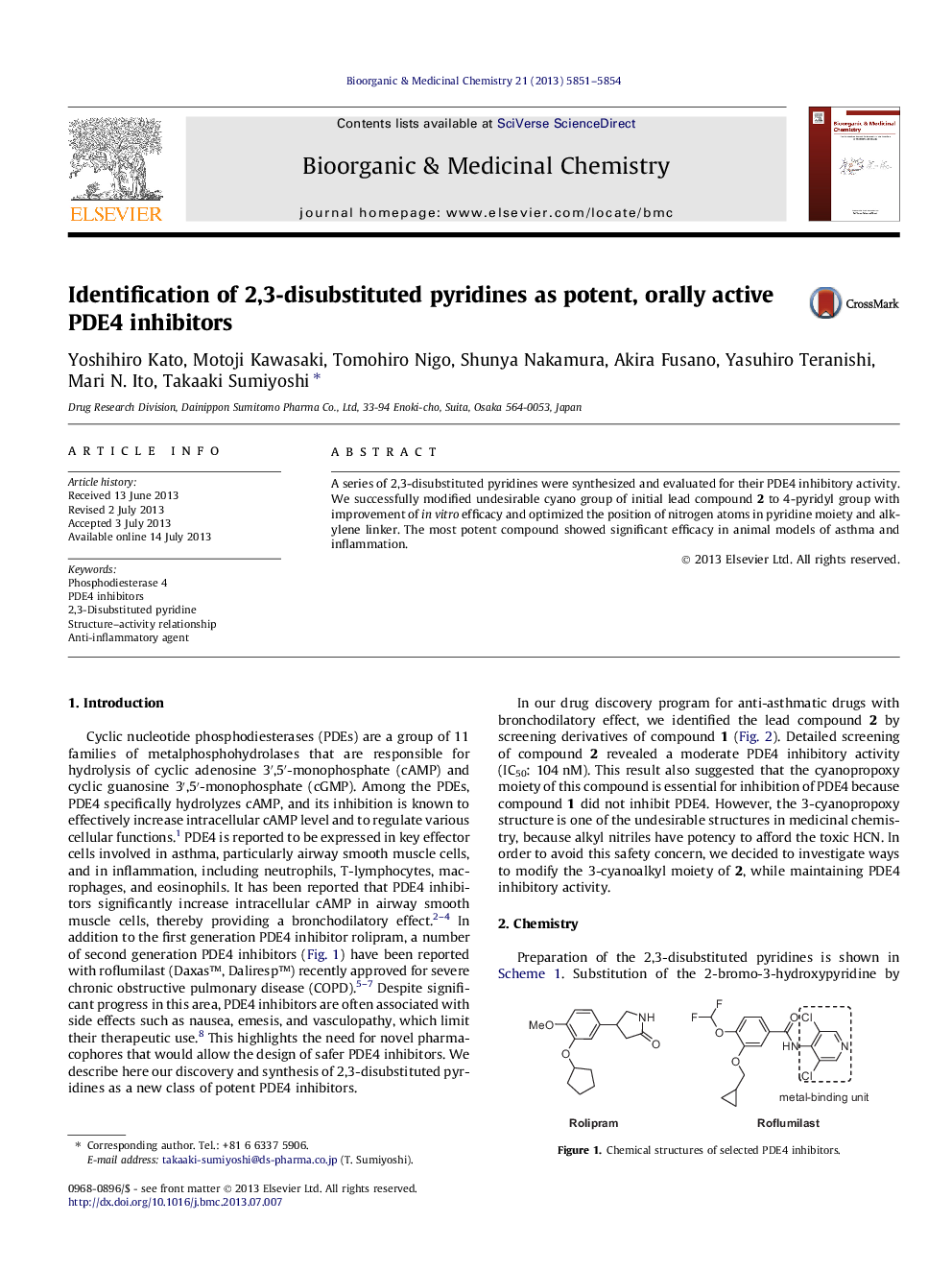 Identification of 2,3-disubstituted pyridines as potent, orally active PDE4 inhibitors