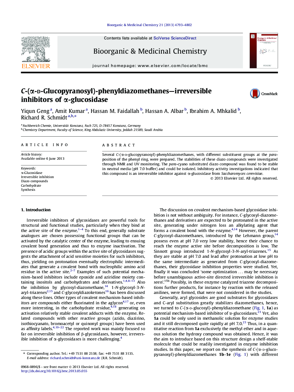 C-(Î±-d-Glucopyranosyl)-phenyldiazomethanes-irreversible inhibitors of Î±-glucosidase