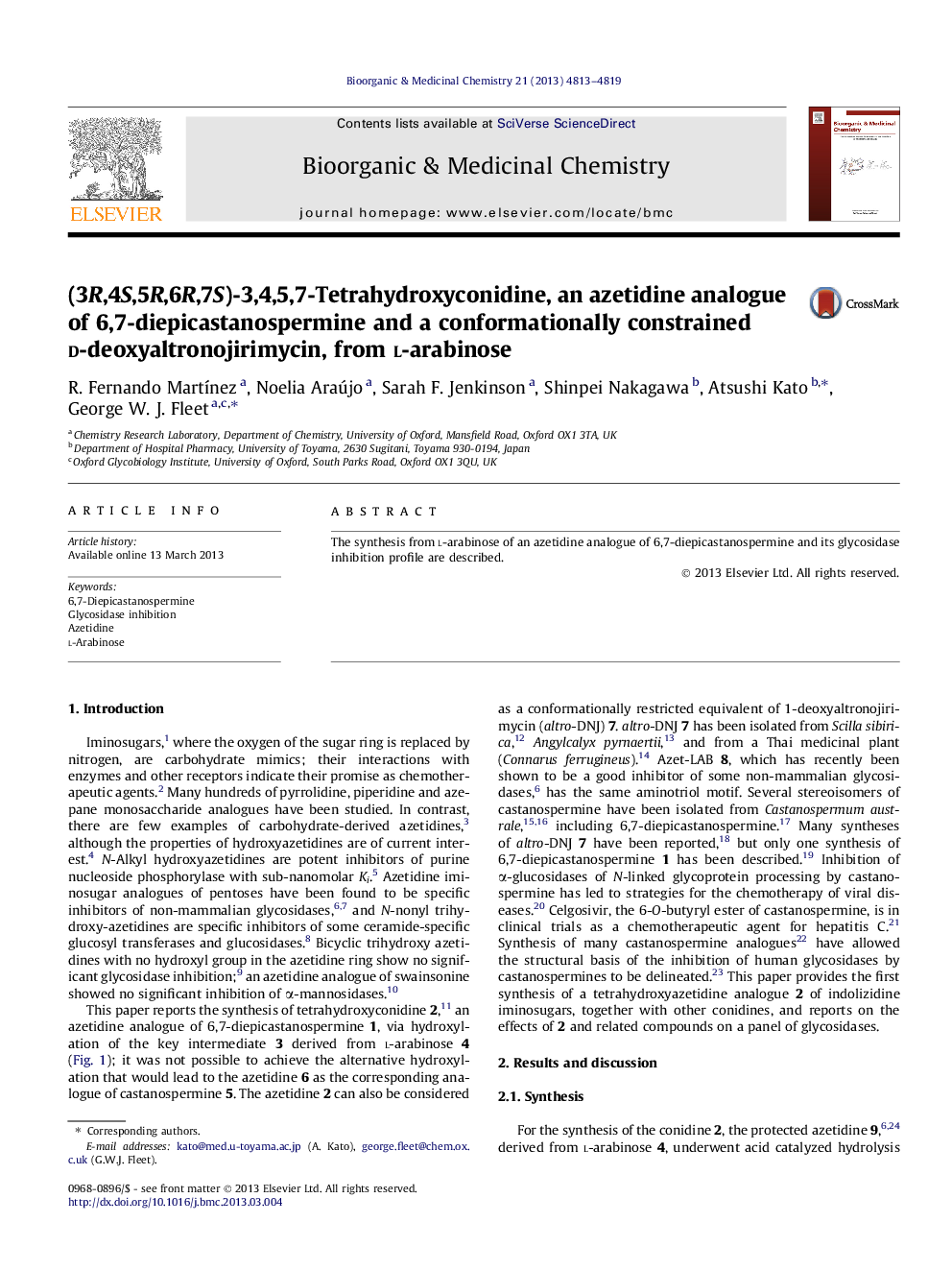 (3R,4S,5R,6R,7S)-3,4,5,7-Tetrahydroxyconidine, an azetidine analogue of 6,7-diepicastanospermine and a conformationally constrained d-deoxyaltronojirimycin, from l-arabinose